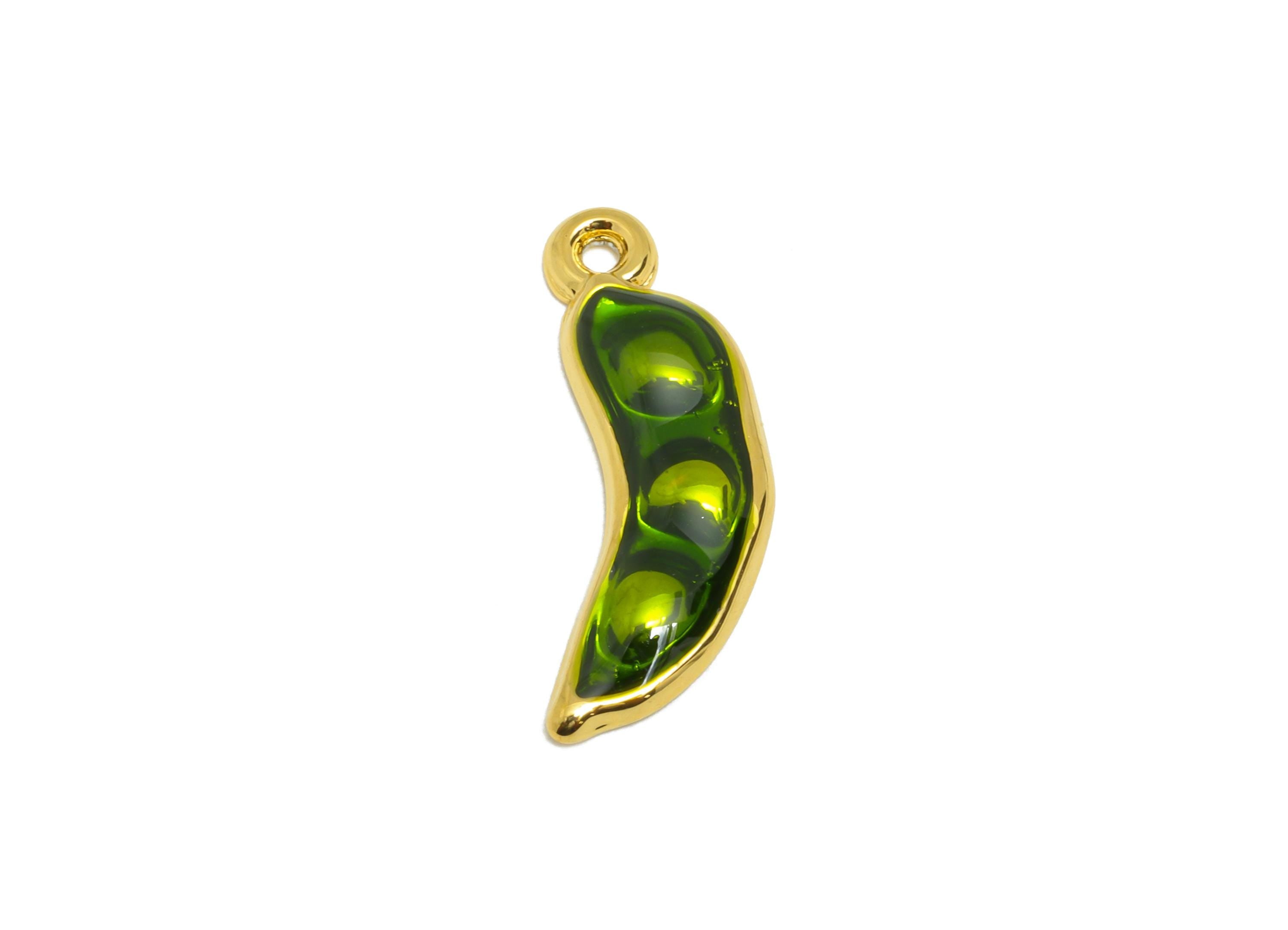 Steel Enamel Pea Charm - Green Enamel Pea Jewelry - Modern Botanical Pendant For Necklace - Gold Tone Vacuum Plated - 19x7.1x2.12mm - SS1490 - DOMEDBAZAAR
