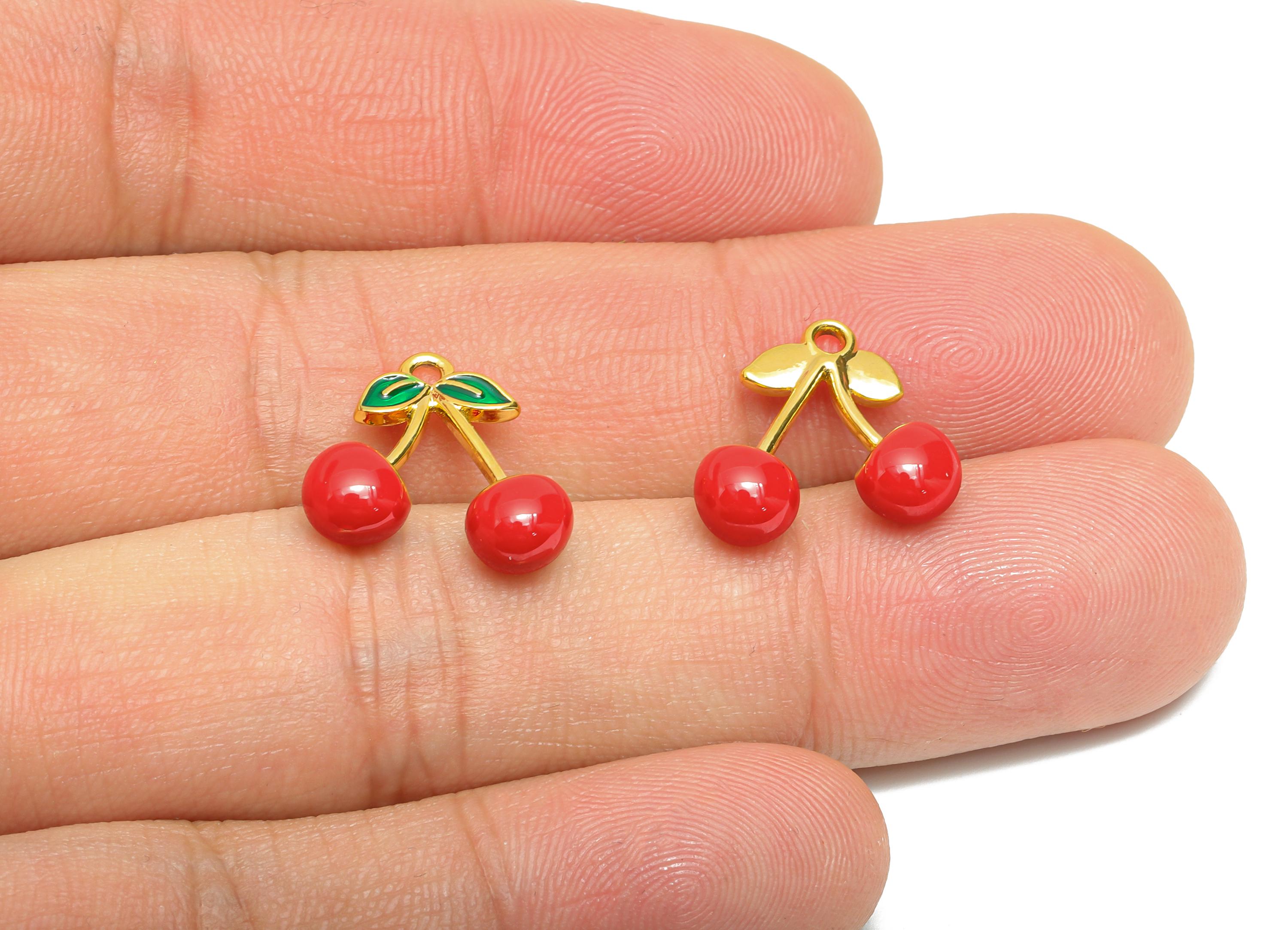 Red Enamel Cherry Pendant - Steel Cute Cherry Accessory - Playful Summer Necklace Charm - Gold Tone Vacuum Plated - 15x14x5.54mm - SS1482 - DOMEDBAZAAR