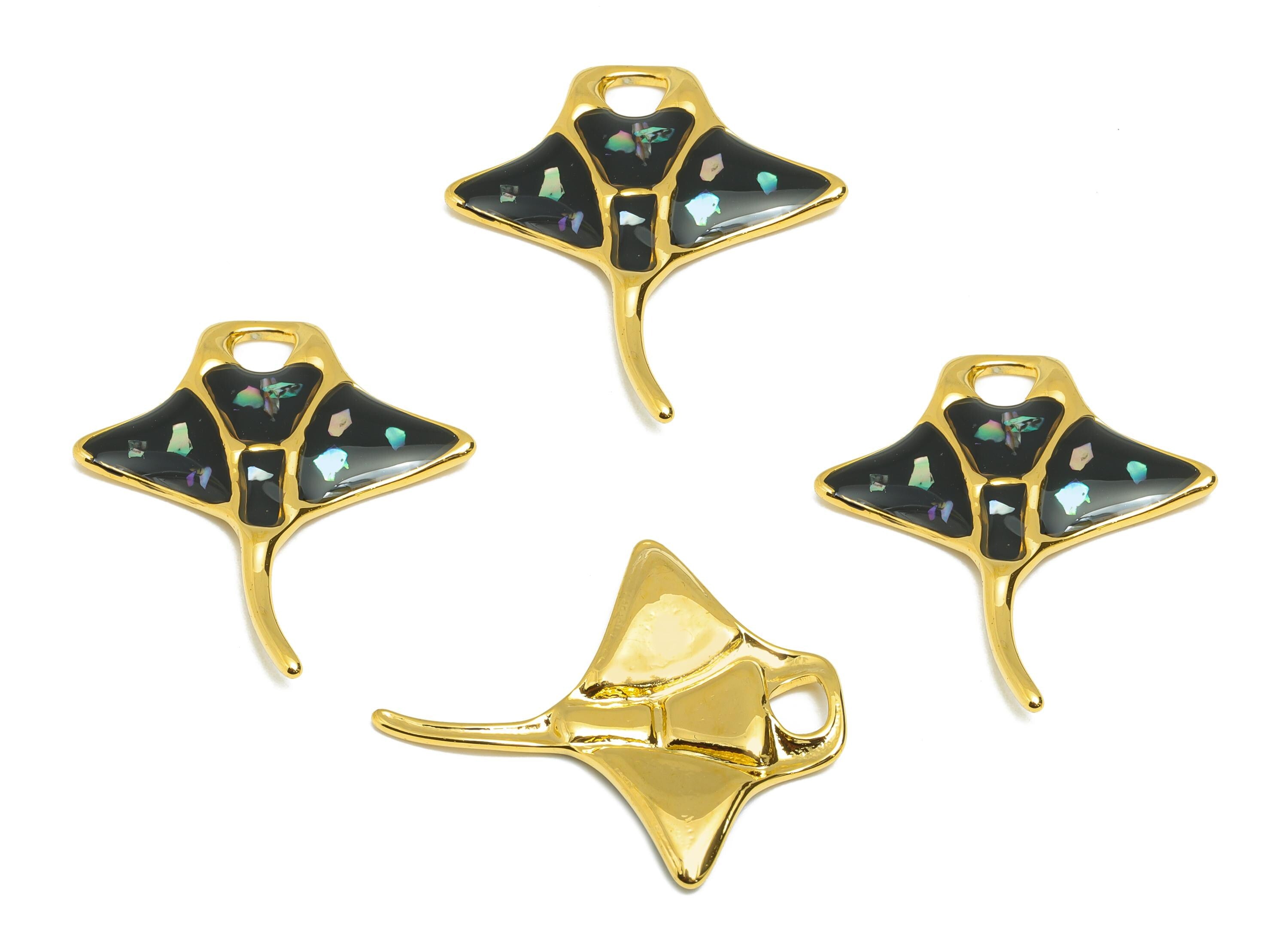 Steel Enamel Fish Charm - Marine Life Jewelry - Black and Gold Pendant - Gold Tone Vacuum Plated - Ocean Pendant - 29.34x25x2.56mm - SS1523 - DOMEDBAZAAR