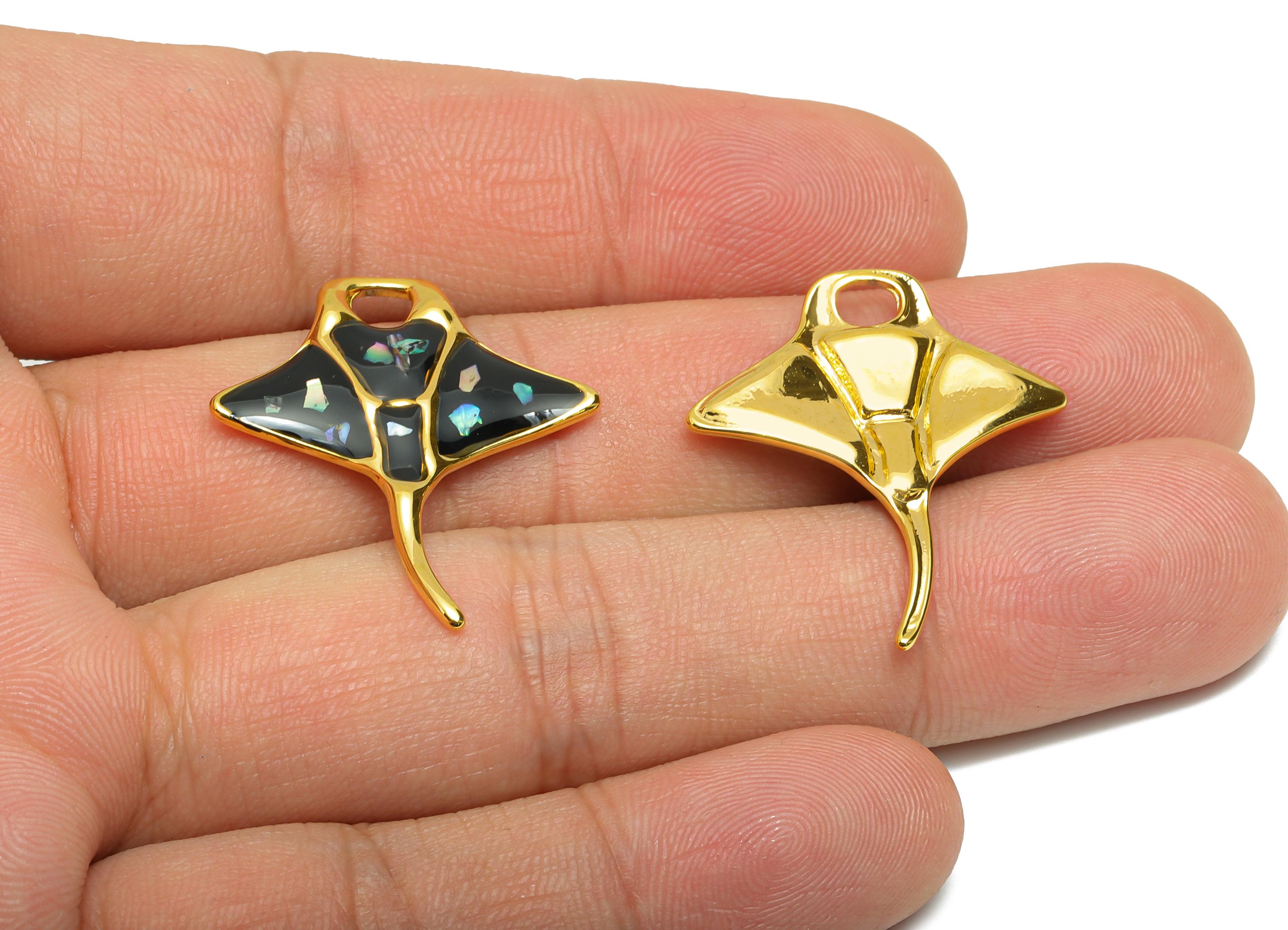 Steel Enamel Fish Charm - Marine Life Jewelry - Black and Gold Pendant - Gold Tone Vacuum Plated - Ocean Pendant - 29.34x25x2.56mm - SS1523 - DOMEDBAZAAR