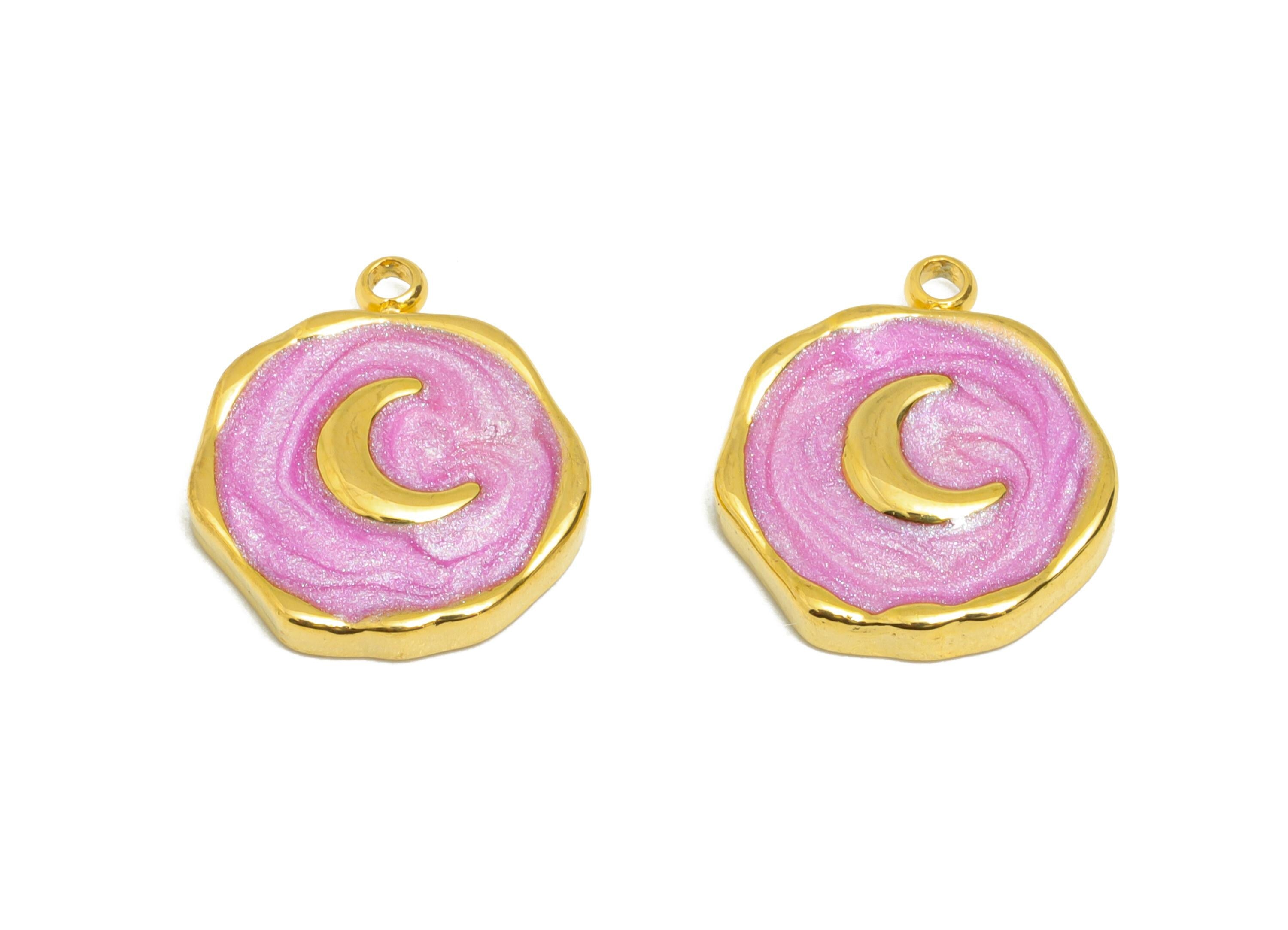 Steel Enamel Crescent Charm - Vintage Moon Jewelry - Dainty Purple Pendant For Necklace - Gold Tone Vacuum Plated - 15x13x2.57mm - SS1488 - DOMEDBAZAAR