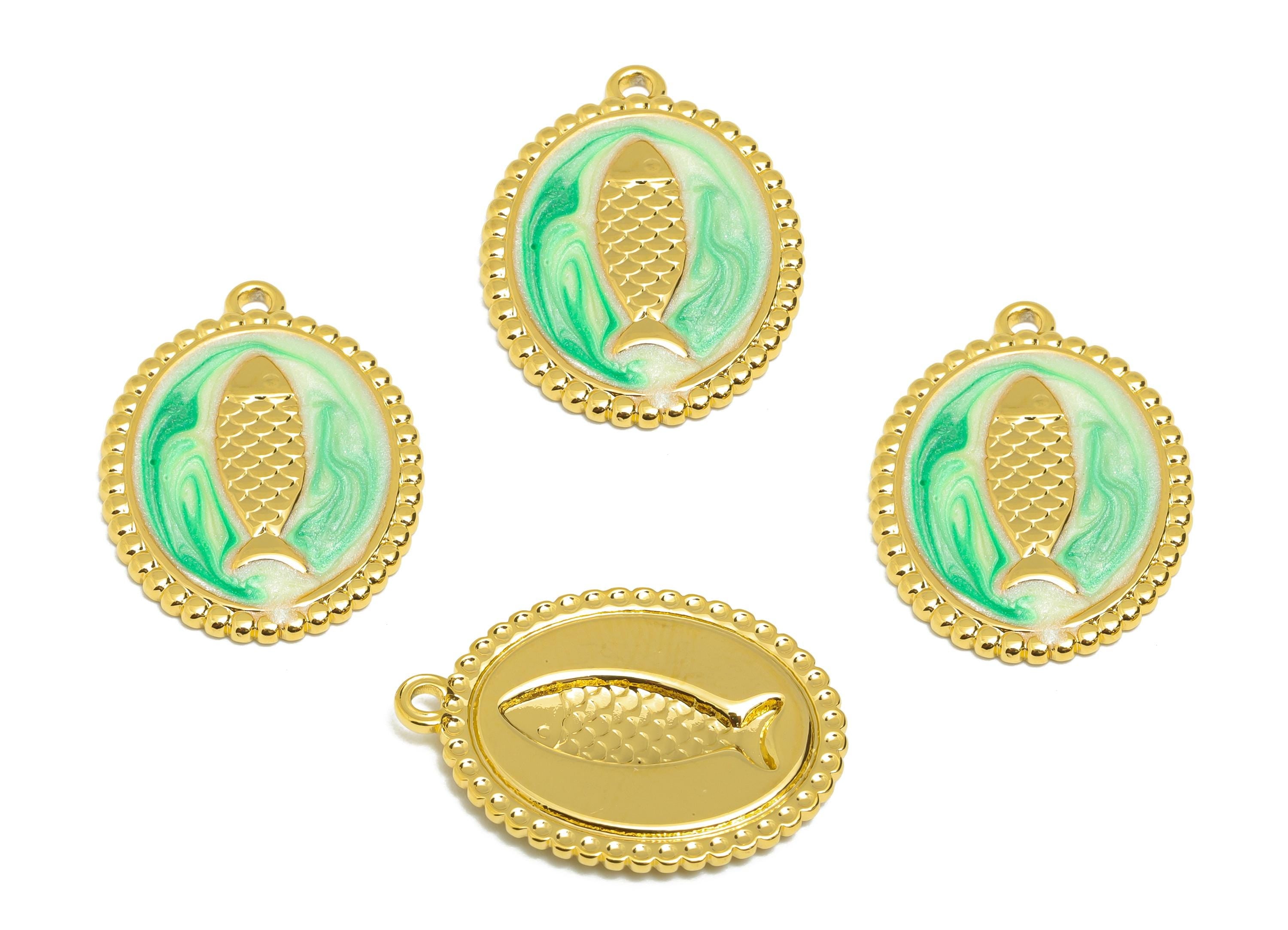 Steel Enamel Fish Medallion - Vintage Lucky Fish Amulet Pendant - DIY Jewelry Craft Supply - Gold Tone Vacuum Plated - 23x17x2.07mm - SS1515 - DOMEDBAZAAR