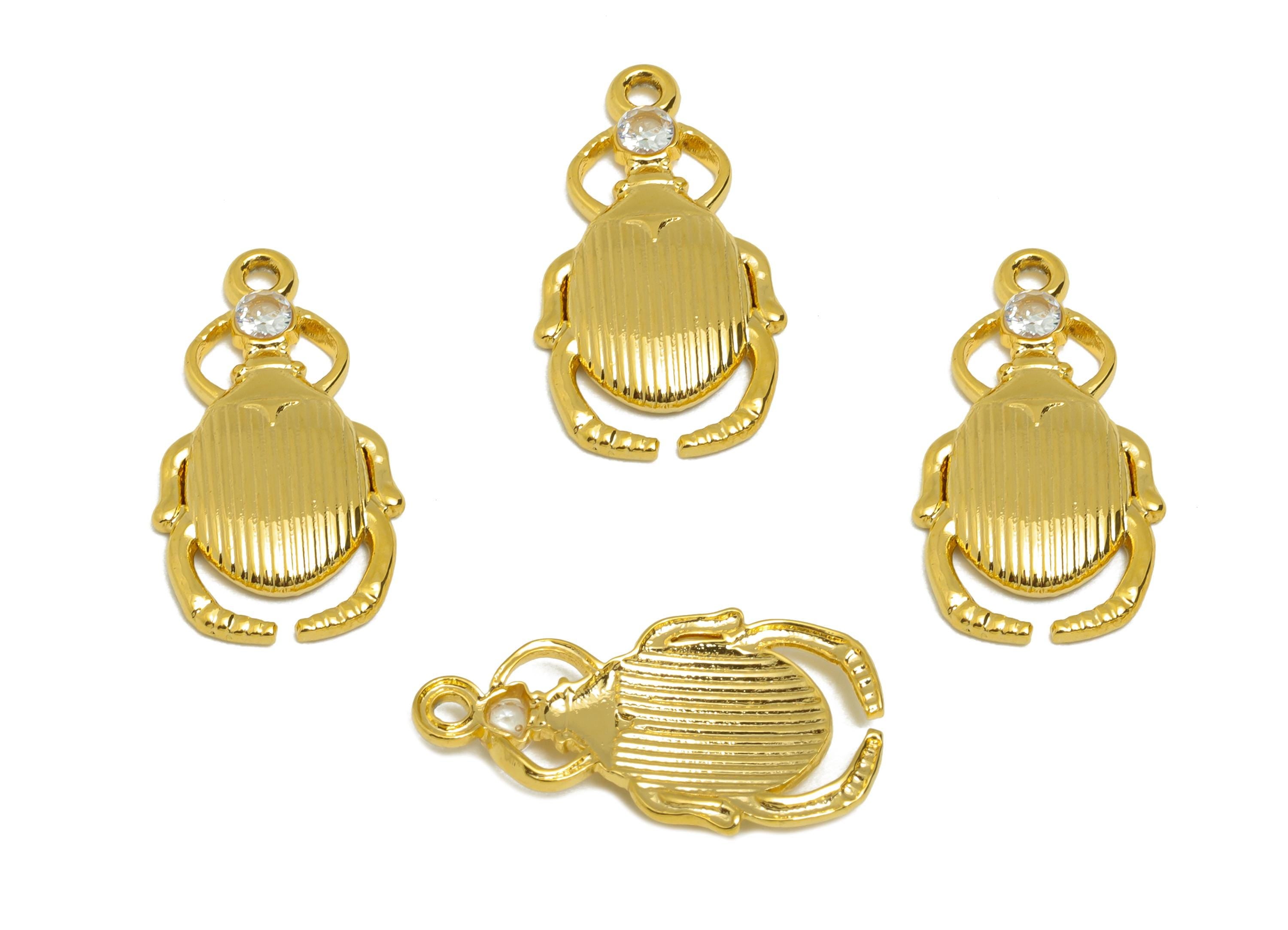 Steel Crystal Inset Charm - Steel Scarab Beetle Pendant - Minimalist Beetle Talisman Necklace - Gold Tone Vacuum Plated - 20x11x2mm - SS1529 - DOMEDBAZAAR