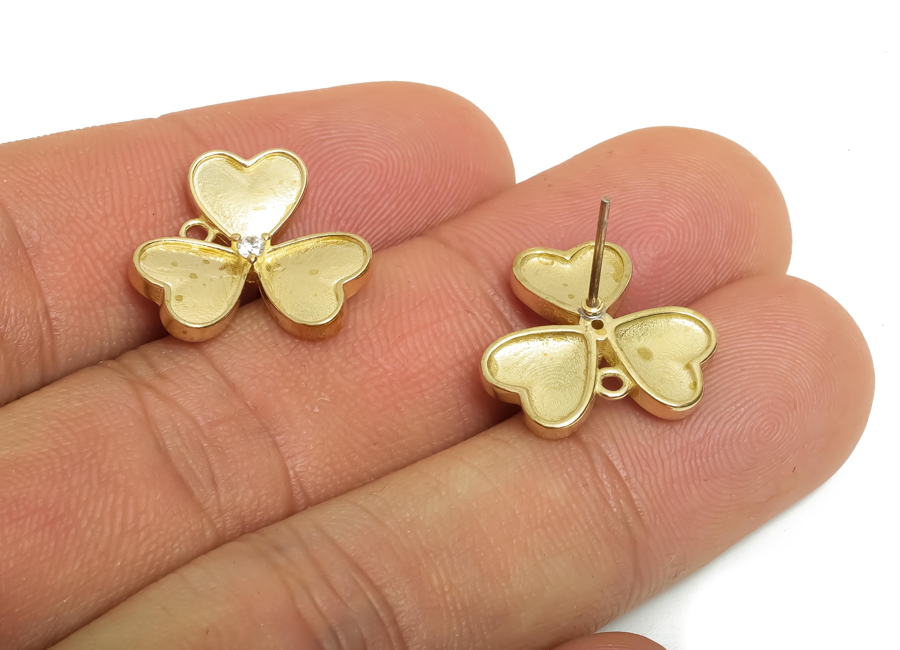 Raw Brass Heart Clover Earring Stud - Mini Clover Heart Earring Post With Loop - Cubic Zircon Heart Earring For DIY - 16x16x1.9mm - PP11227 - DOMEDBAZAAR