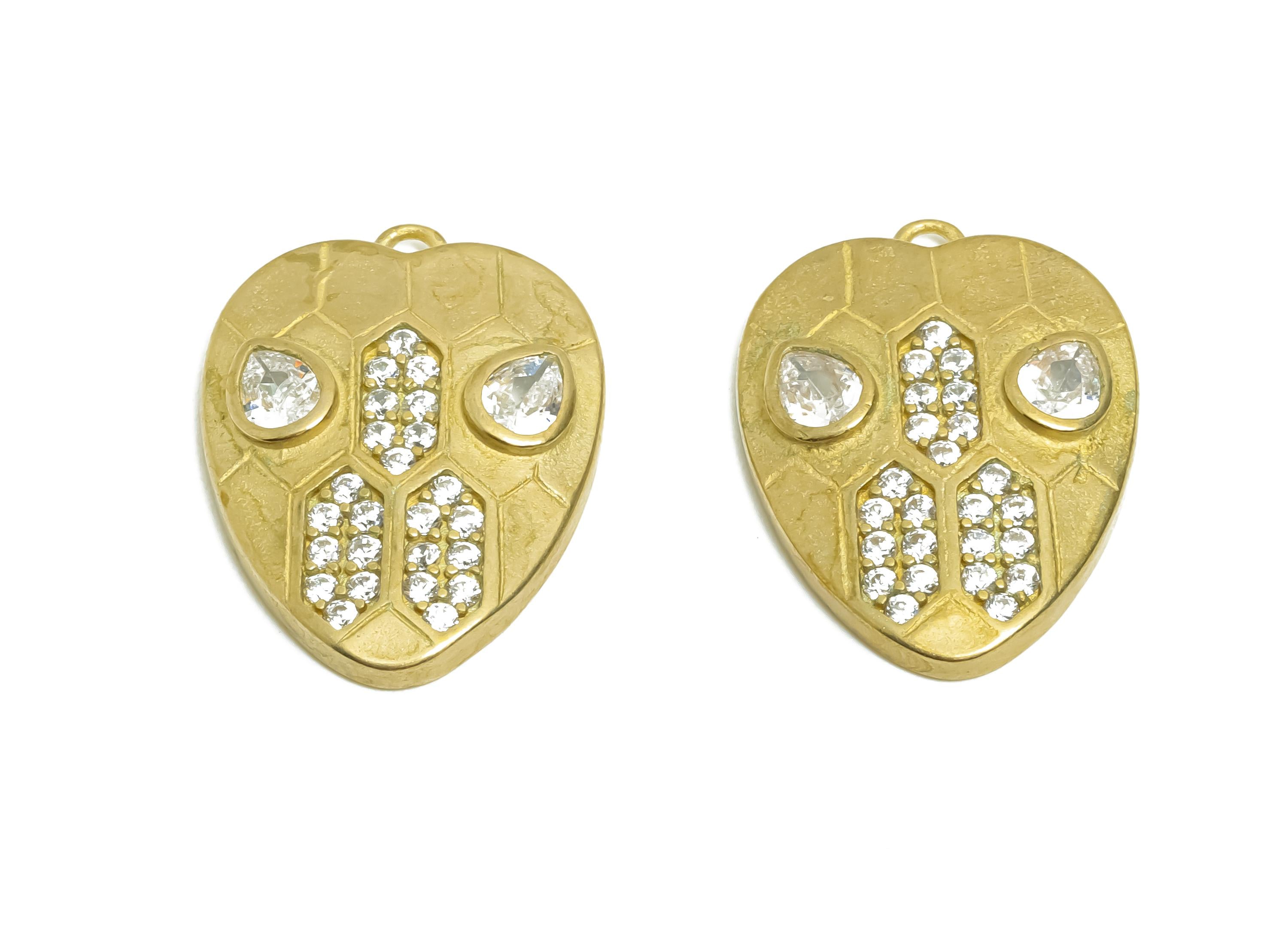 Raw Brass CZ Heart Earring Charm - Brass Teardrop Rhinestone Pendant - Bold Heart Reptile Pendant with Cubic Zircon - 41x31x2mm - PP11389 - DOMEDBAZAAR