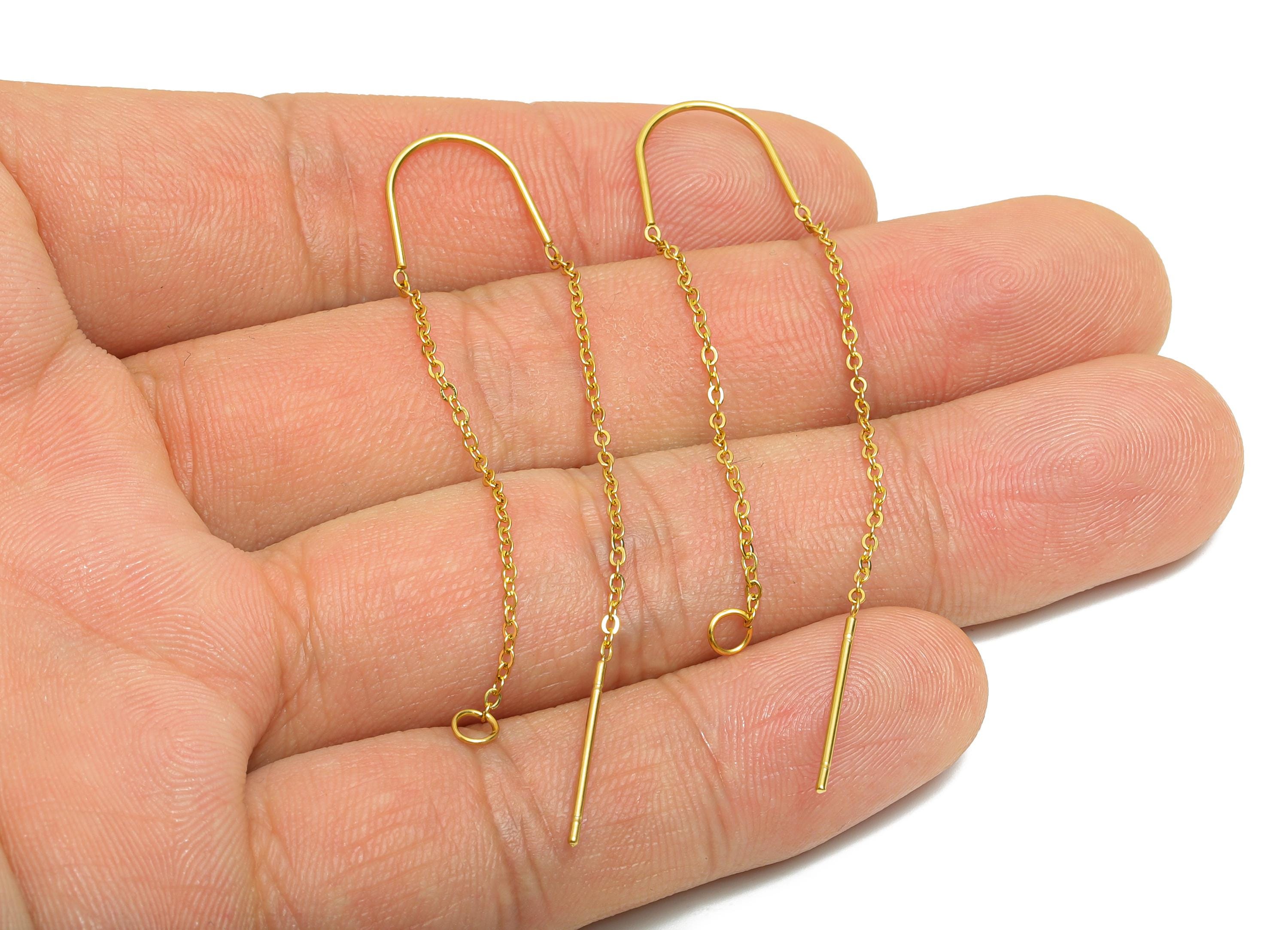 4cm Steel Dangle Chain Earring Post - Flat Cable Chain Earring Stud - Threader Earrings With Loop - 18k Real Vacuum Plating - SS2135G - DOMEDBAZAAR