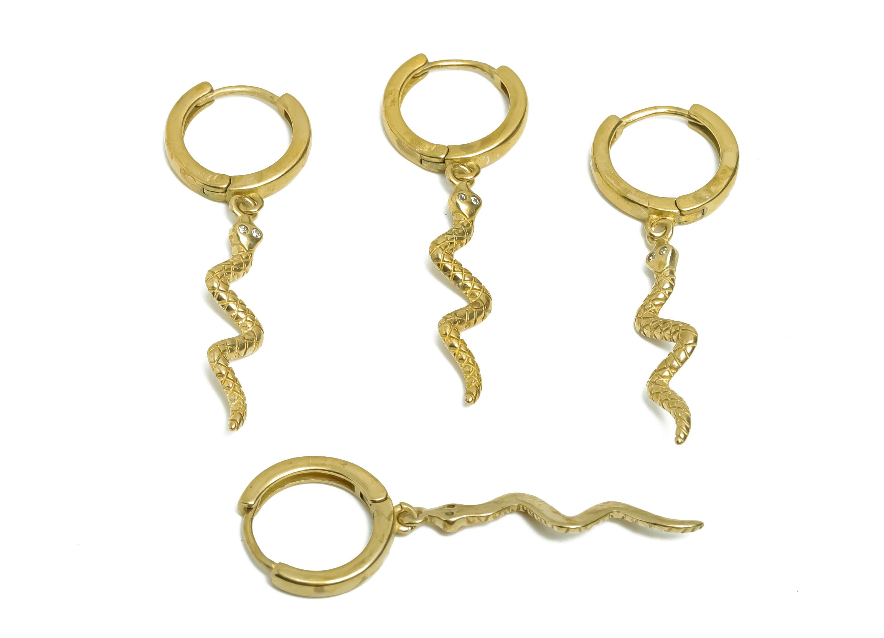 Brass Dangle Snake Huggie Hoop Earring - Raw Brass CZ Snake Earring - Chic Huggie Hoop Clasp - Jewelry Finding - 38.97x13.5x2.36mm - PP11240 - DOMEDBAZAAR