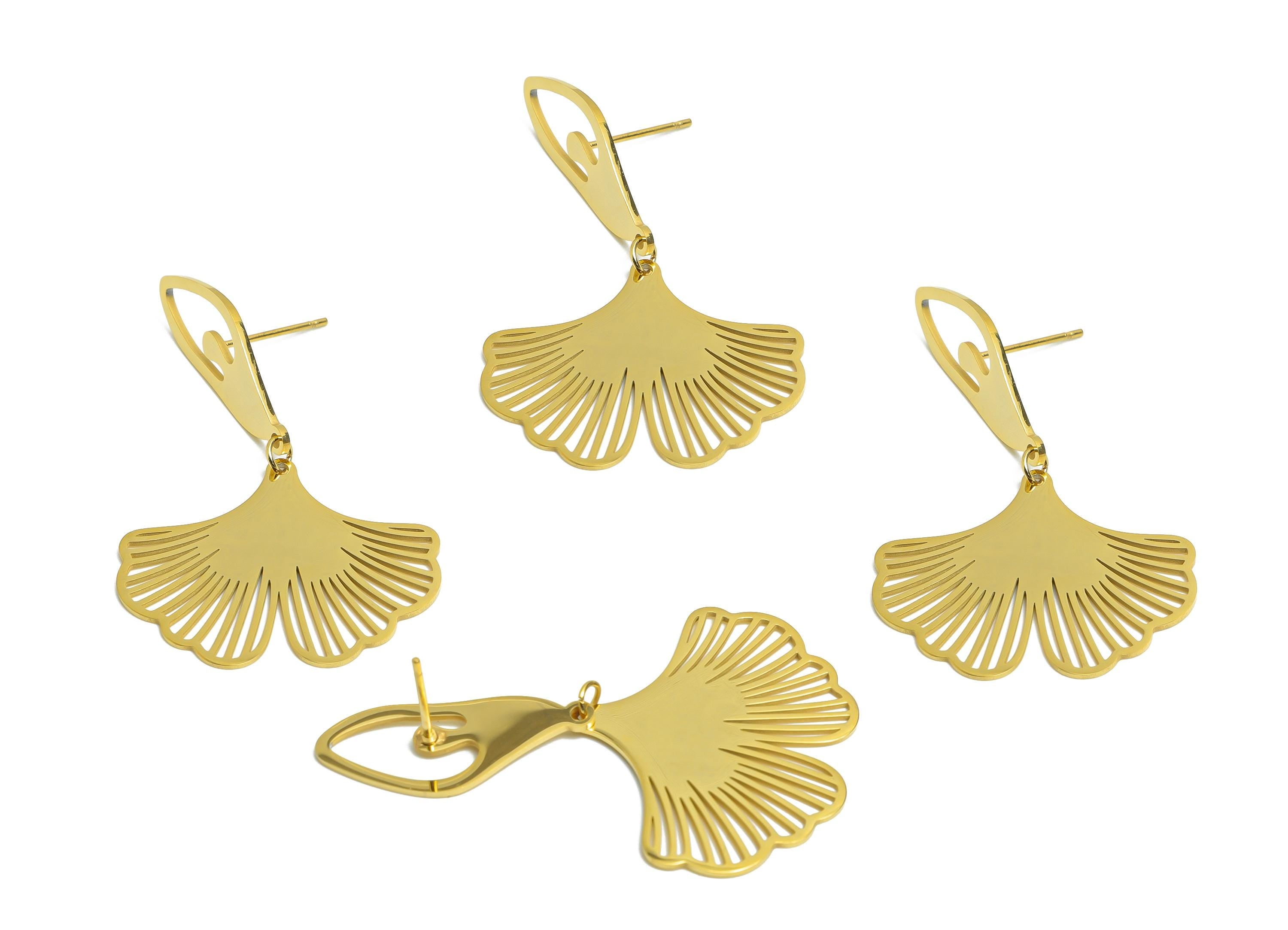 Steel Ginkgo Leaf Earring Stud - Fan Leaf Dangle Earring Post - Laser Cut Ginkgo Biloba Jewelry - Vacuum Gold Plating - 63x7x5.3mm - SS2240 - DOMEDBAZAAR