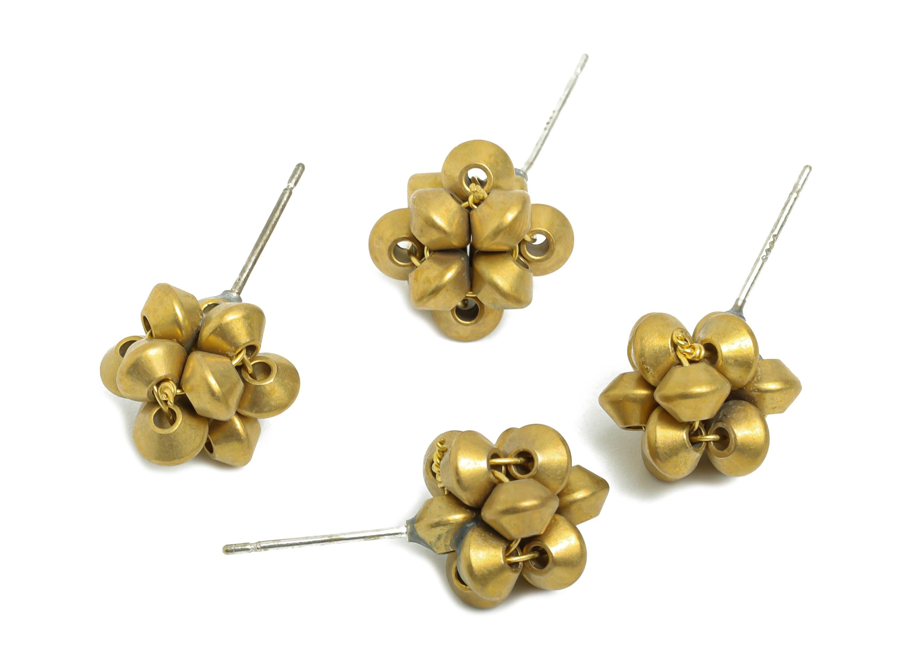 Brass Flower Earring Post - Raw Brass Boho Bold Earring - Geometric Bead Cluster Earring - Modern Art Deco Stud Earring - 24x12x11mm-PP11217 - DOMEDBAZAAR