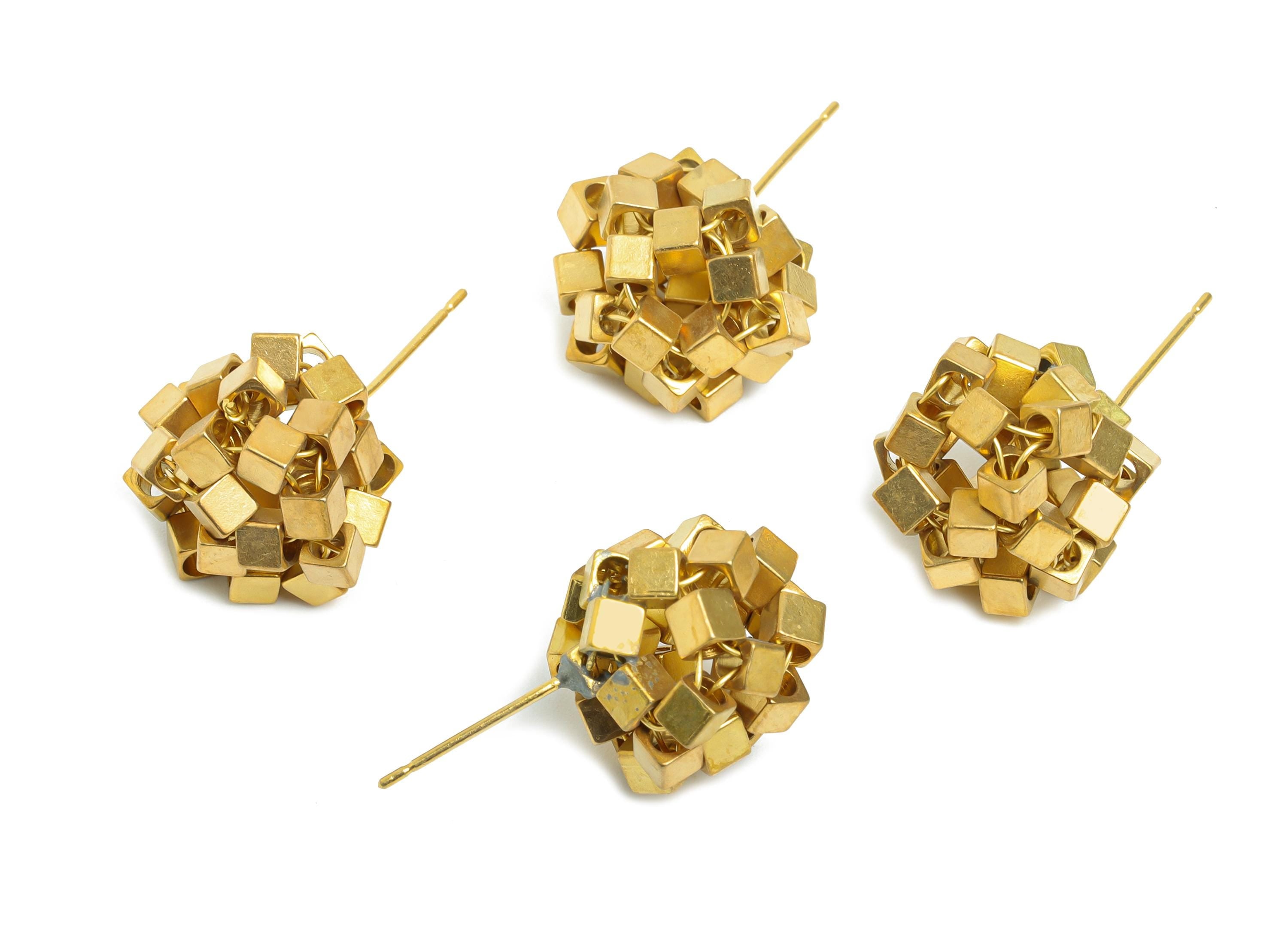 Brass Geometry Earring Post - Raw Brass Cube Beaded Earring - Geometric Bead Cluster Earring - Modern Art Stud Earring - 26x15x13mm-PP11213 - DOMEDBAZAAR
