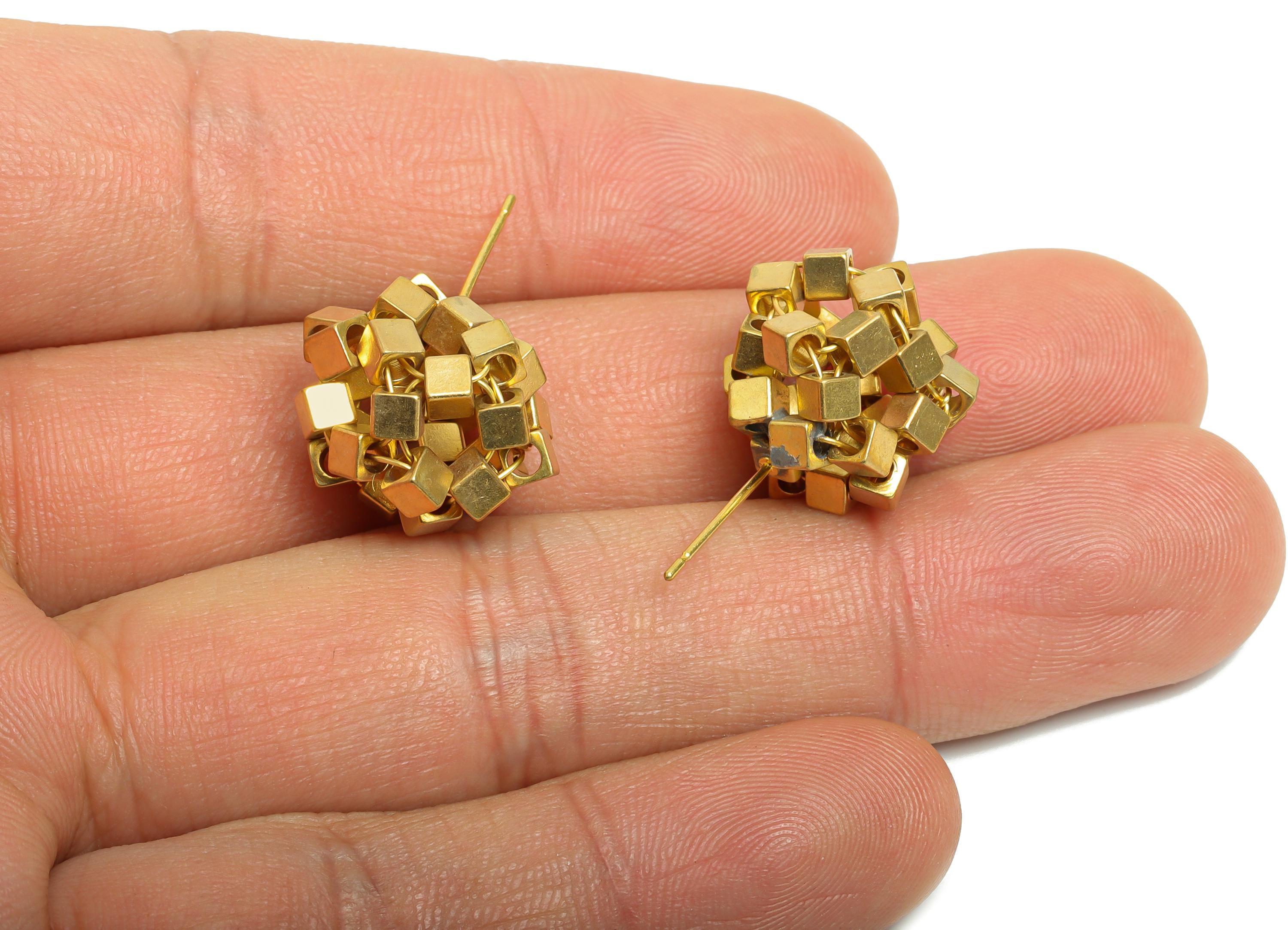 Brass Geometry Earring Post - Raw Brass Cube Beaded Earring - Geometric Bead Cluster Earring - Modern Art Stud Earring - 26x15x13mm-PP11213 - DOMEDBAZAAR
