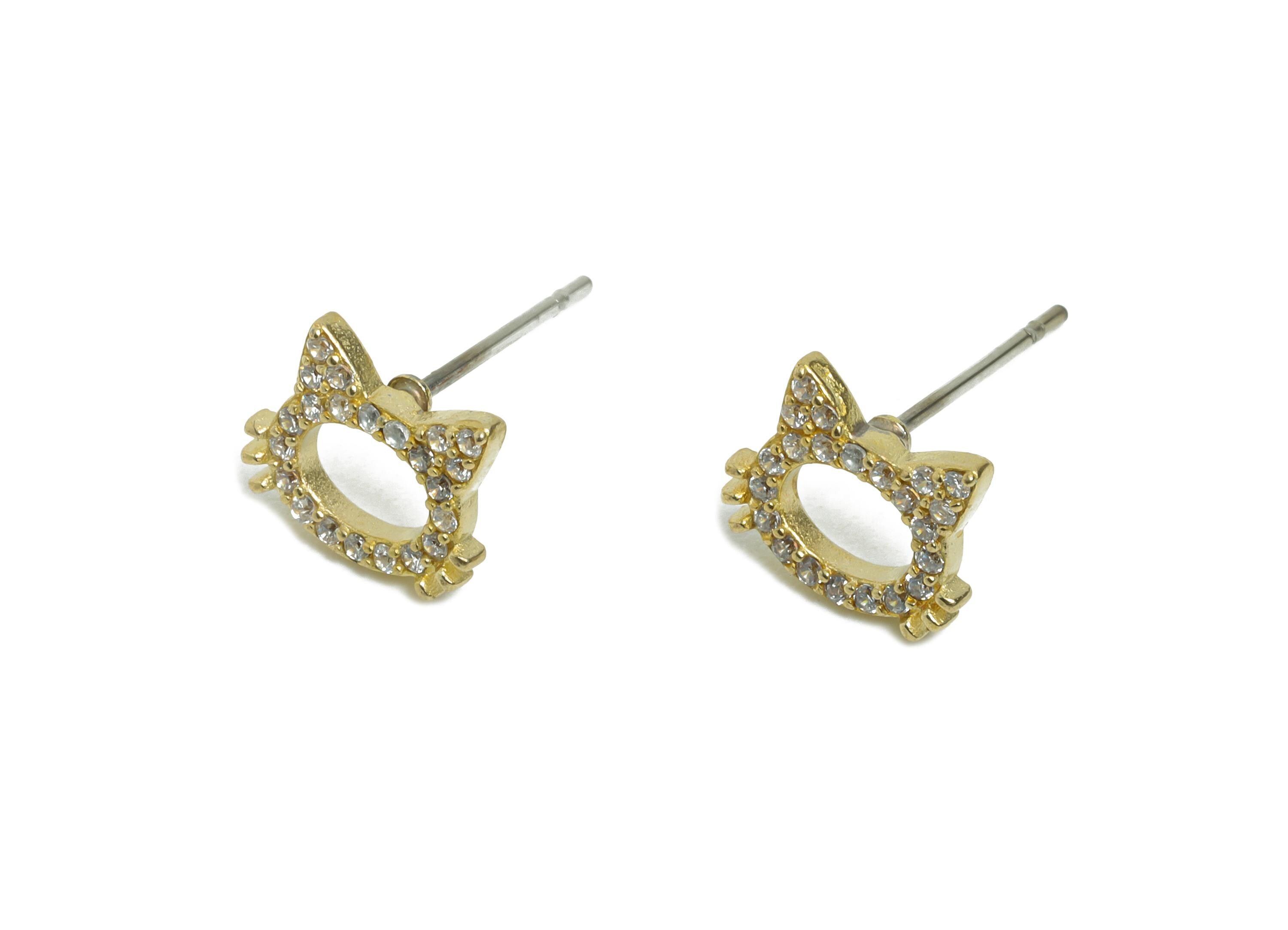 Brass Cat Earring Stud - Cubic Zircon Cat Head Earring Post - Hello Kitty Earring Post - Cute Cat Gift for Her - 9.35x7.17x 1.52mm - PP11380 - DOMEDBAZAAR