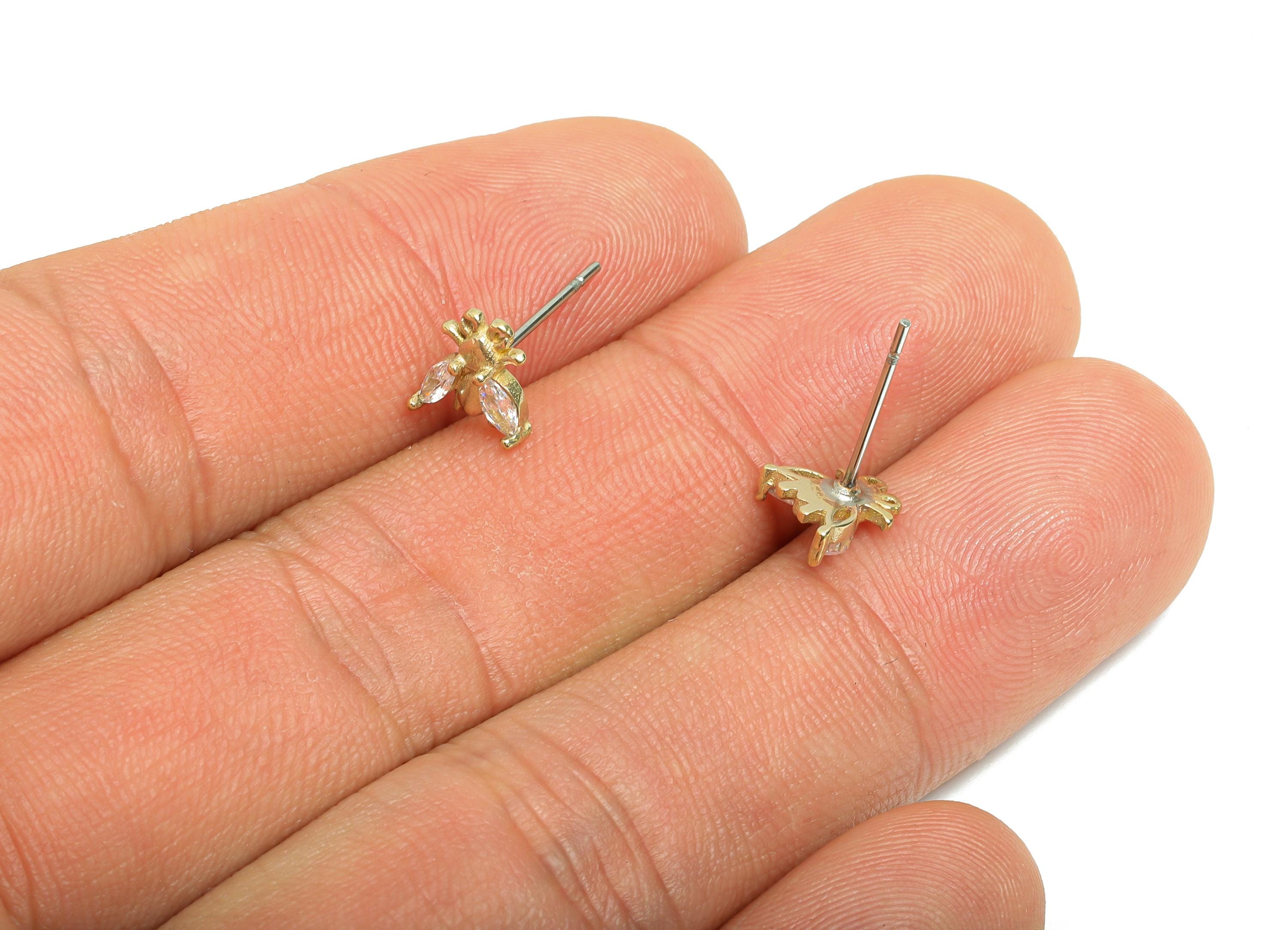 Brass Bee CZ Stud Earring - Raw Brass Dainty Marquise Cubic Zirconia Stud - Minimalist Insect Earring - Sparkle Stud - 7x7x2.5mm - PP11387 - DOMEDBAZAAR