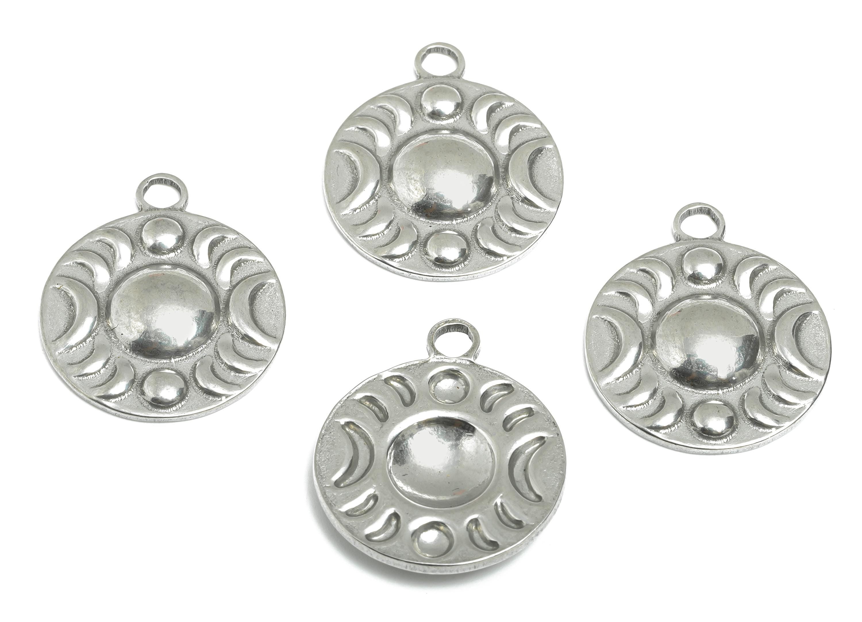 Steel Moon Phase Charms- Detailed Celestial Moon Charms - Round Cosmic Pendant - Steel Findings - Jewelry Component - 24x20x3mm -SS2119 - DOMEDBAZAAR