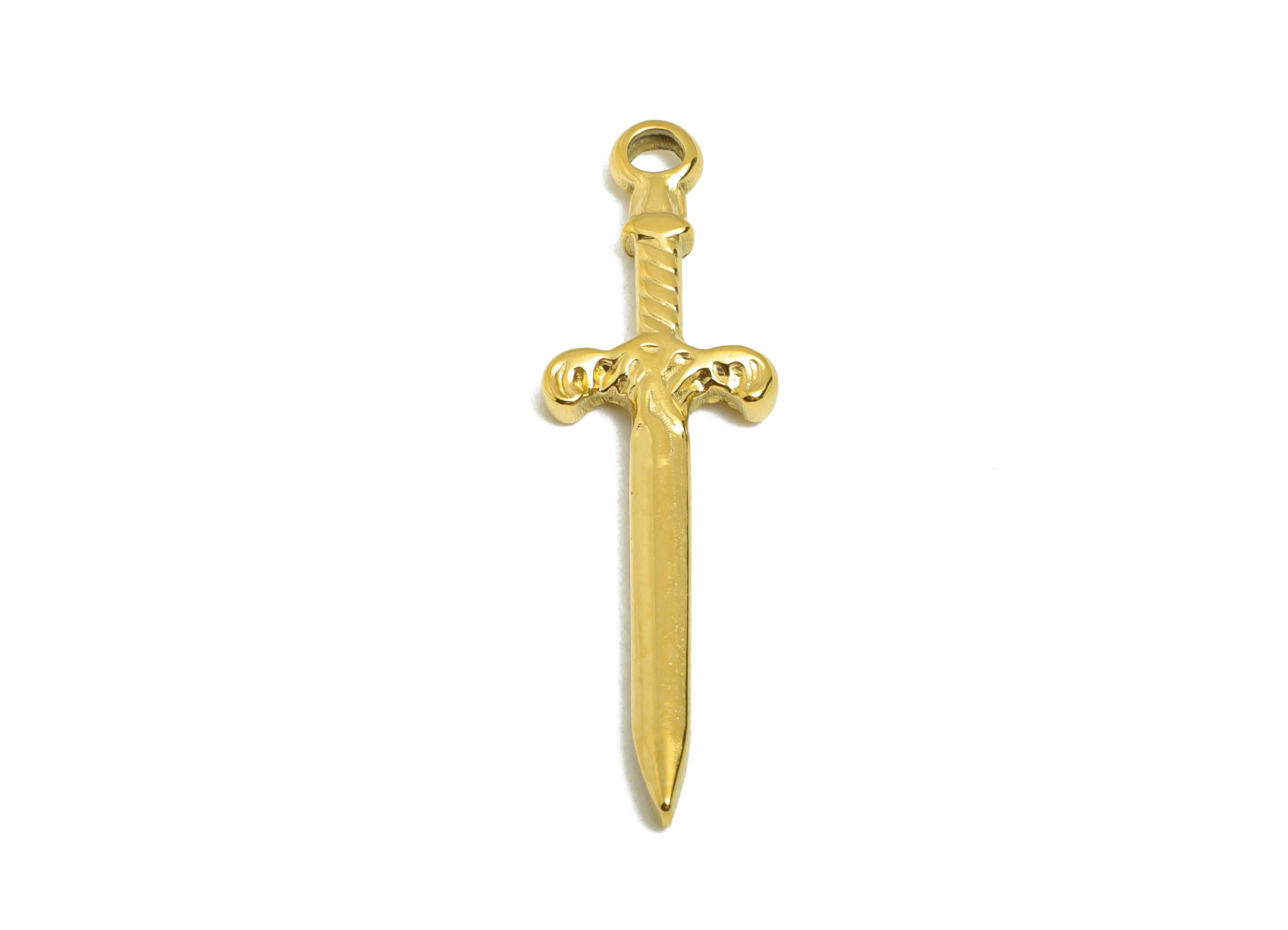 Steel Sword Charm - Metal Weapon Necklace Pendant for Making - Unique Amulet Jewelry Accessory - Gold Tone Plated - 33.5x9.9x2.5mm - SS2108G - DOMEDBAZAAR