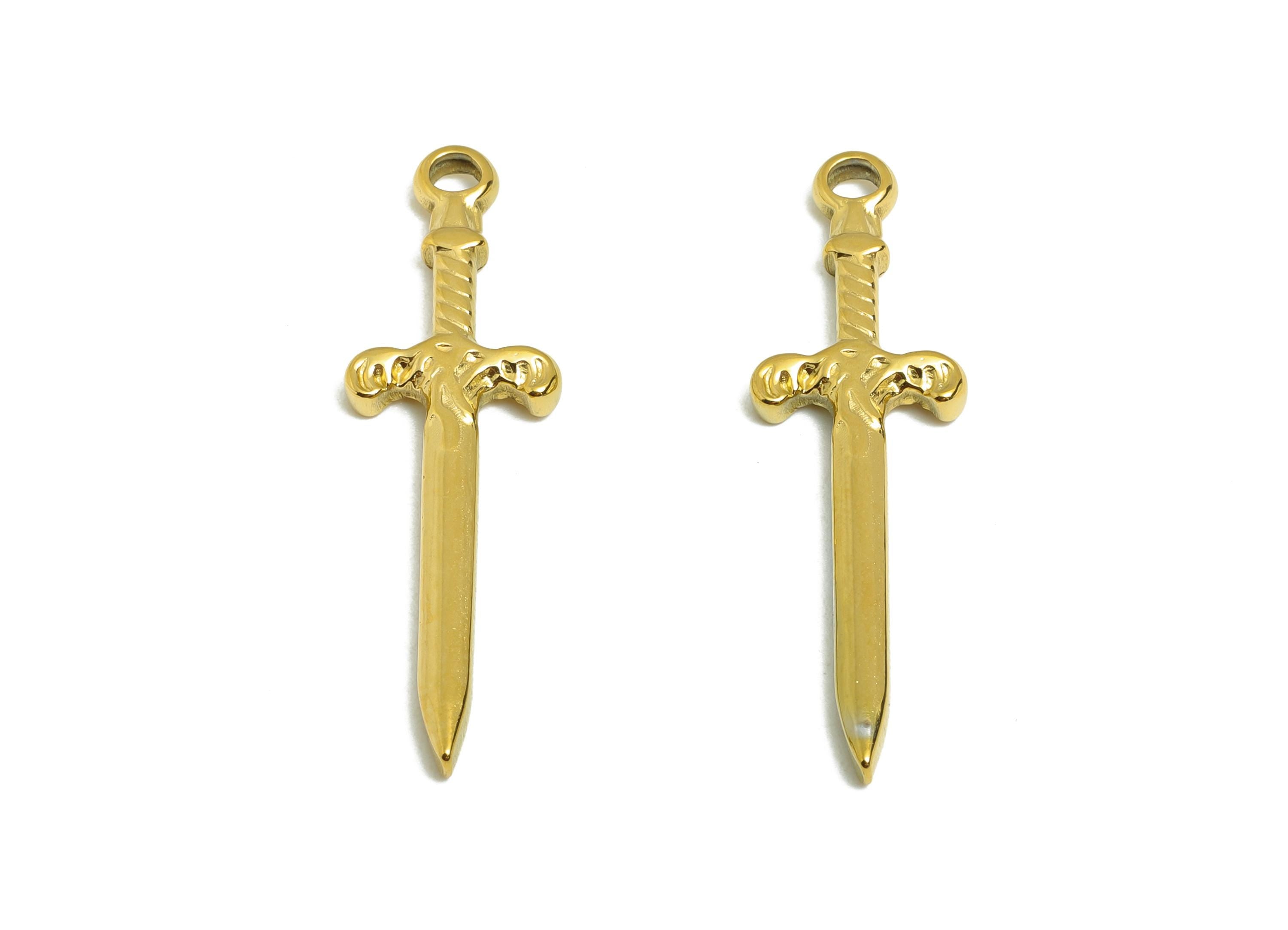 Steel Sword Charm - Metal Weapon Necklace Pendant for Making - Unique Amulet Jewelry Accessory - Gold Tone Plated - 33.5x9.9x2.5mm - SS2108G - DOMEDBAZAAR