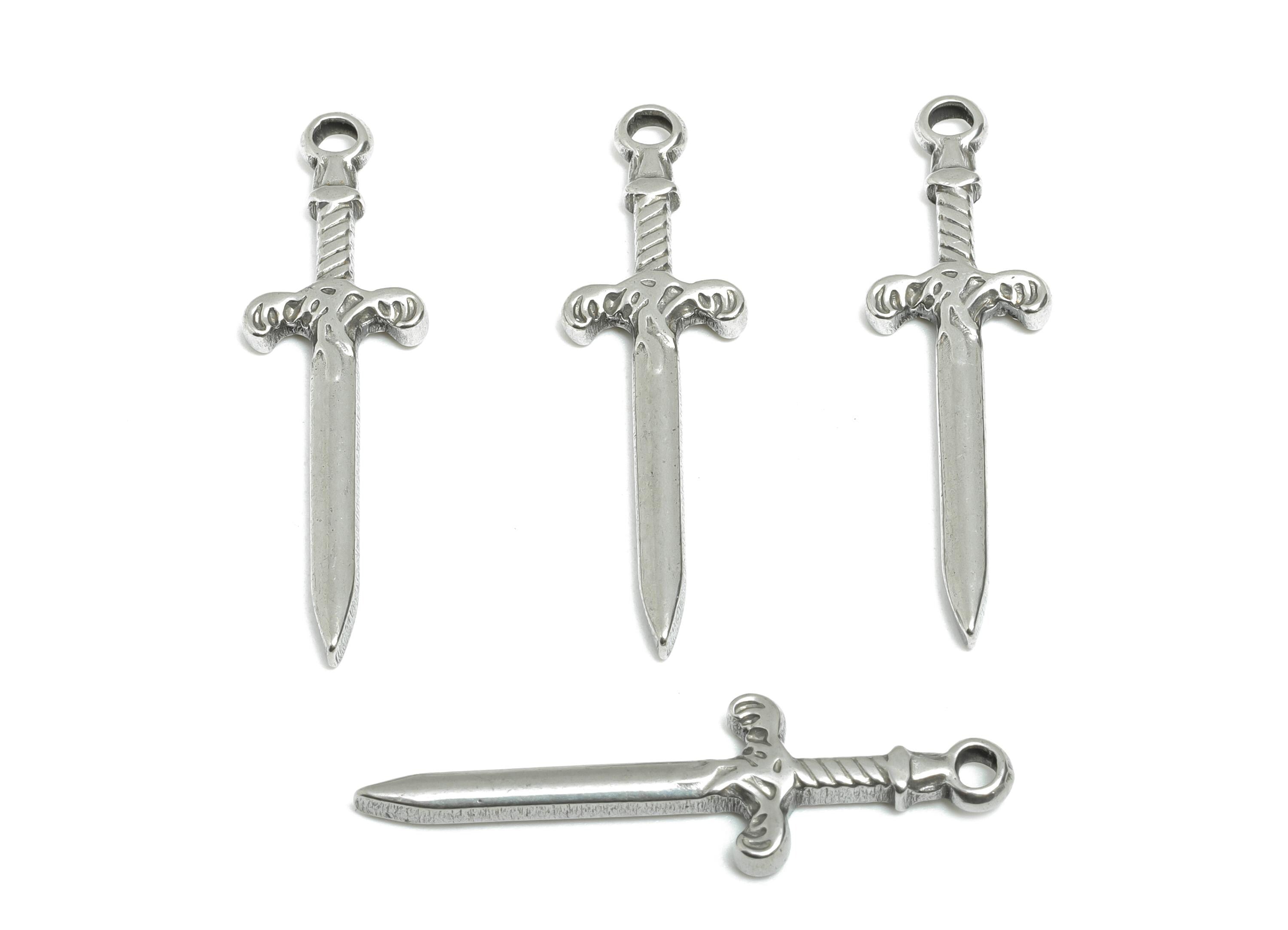 Steel Sword Charm - Metal Weapon Necklace Pendant - Unique Amulet Jewelry Accessory - Steel DIY Craft Making - 33.5x9.95x2.53mm - SS2108 - DOMEDBAZAAR