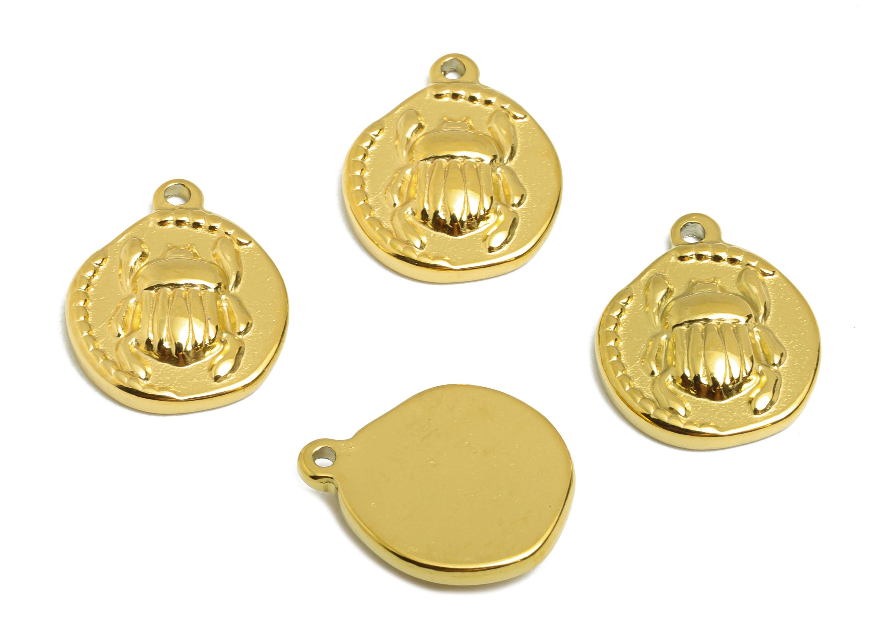 Stainless Steel Beetle Charm - Gold Round Insect Pendant for Bracelet - DIY Jewelry Component - Gold Tone Plated - 16x13.33x3.08mm - SS2107G