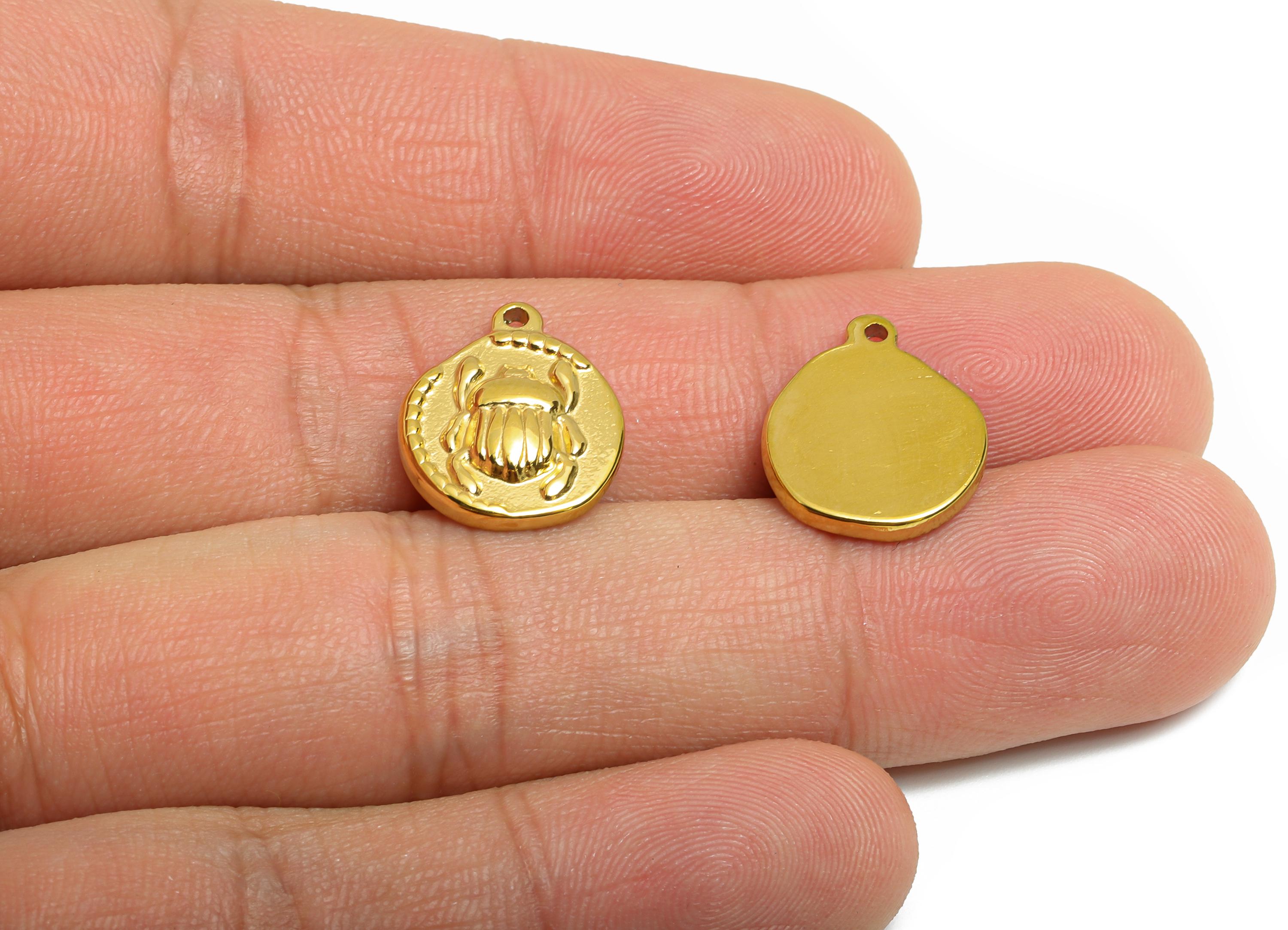 Stainless Steel Beetle Charm - Gold Round Insect Pendant for Bracelet - DIY Jewelry Component - Gold Tone Plated - 16x13.33x3.08mm - SS2107G