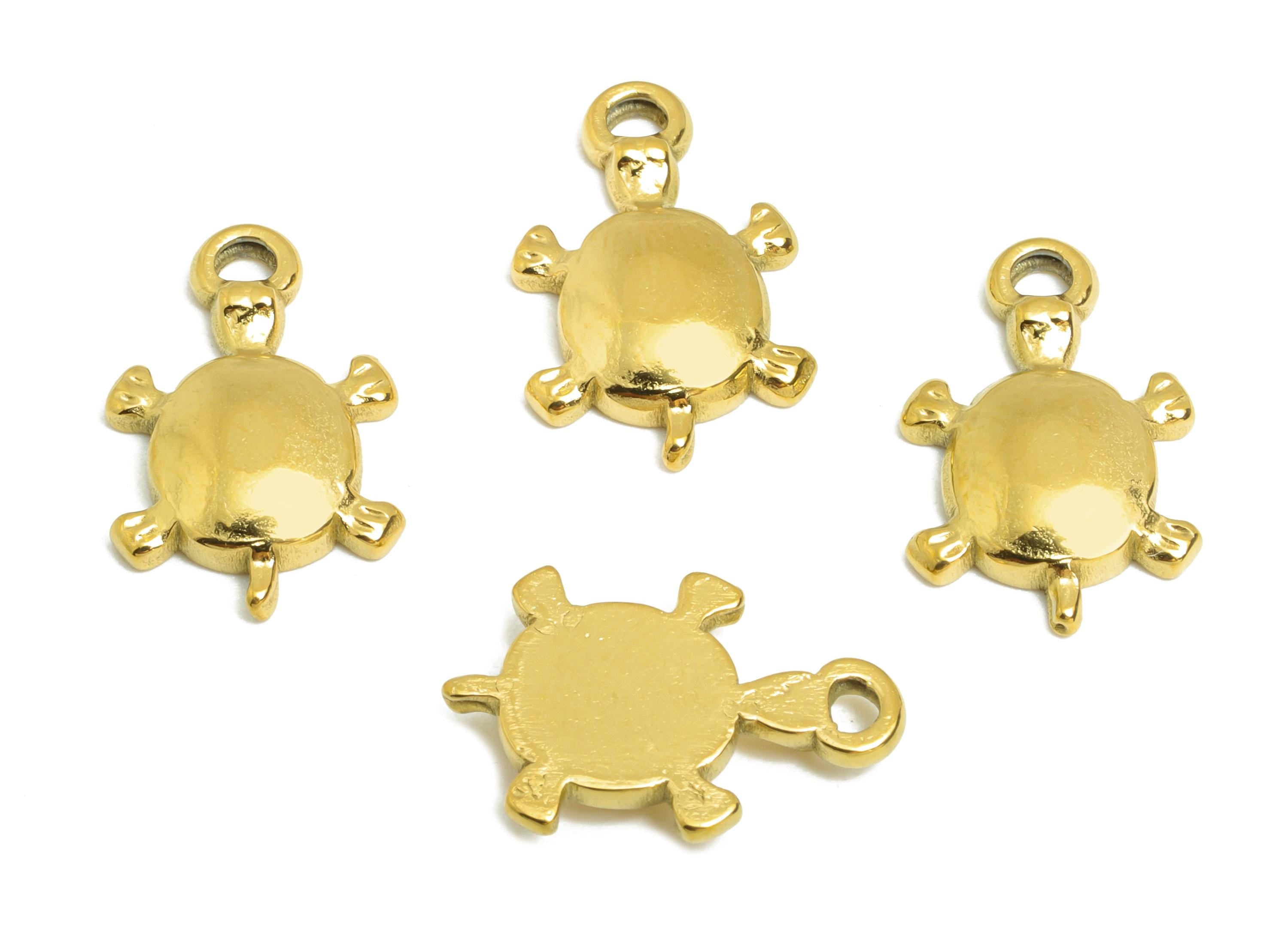 Steel Turtle Charm - Marine Life Animal Pendant - Beach-Themed Turtle Jewelry Component - Gold Tone Plated - 15.88x10.4x2.6mm - SS2122G - DOMEDBAZAAR