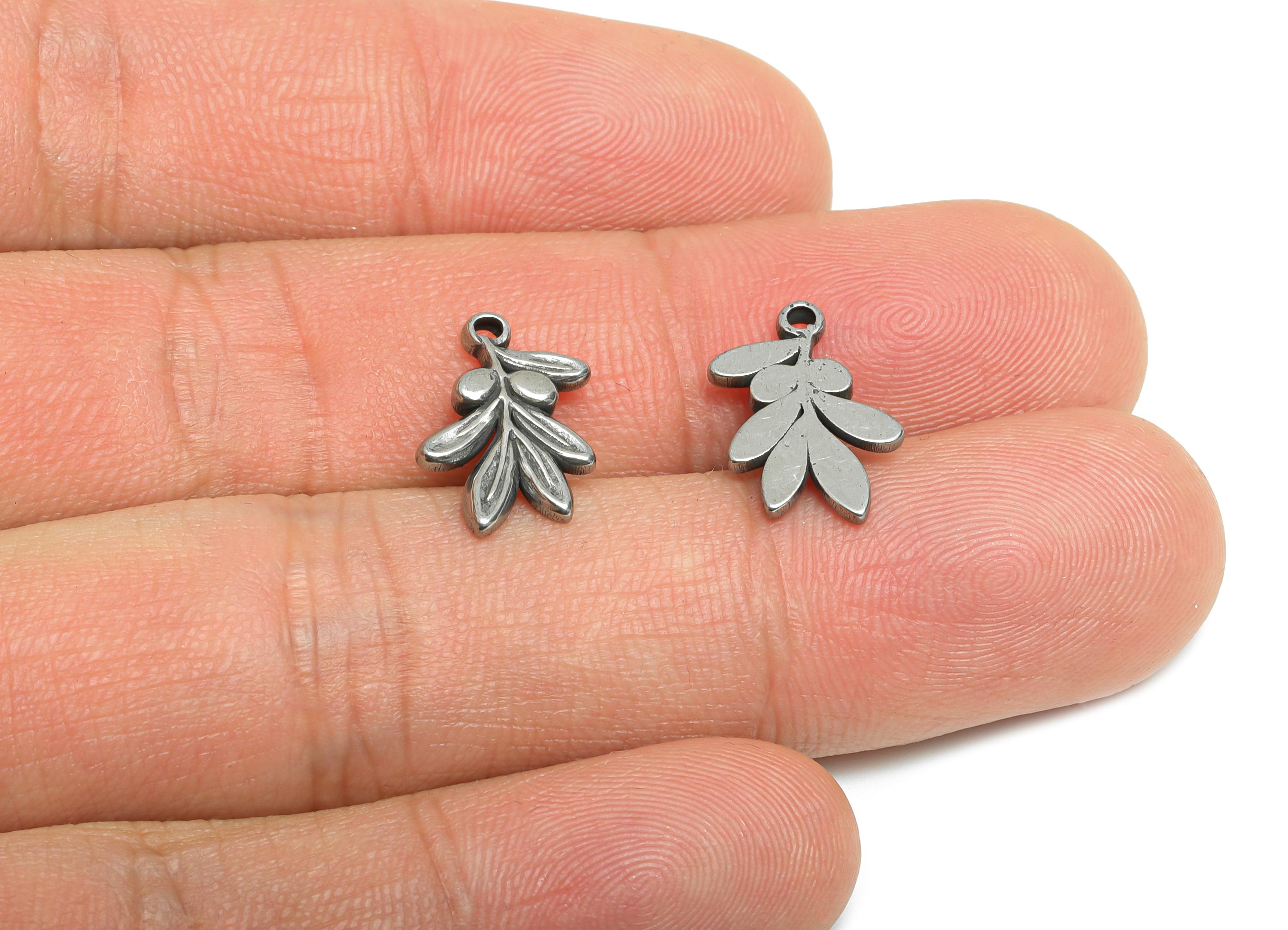 Steel Olive Branch Charms - Good Lucky Leaf Charm for Necklace - Minimalist Botanical Jewelry - Steel Findings - 14.97x9.98x1.9mm - SS2125 - DOMEDBAZAAR