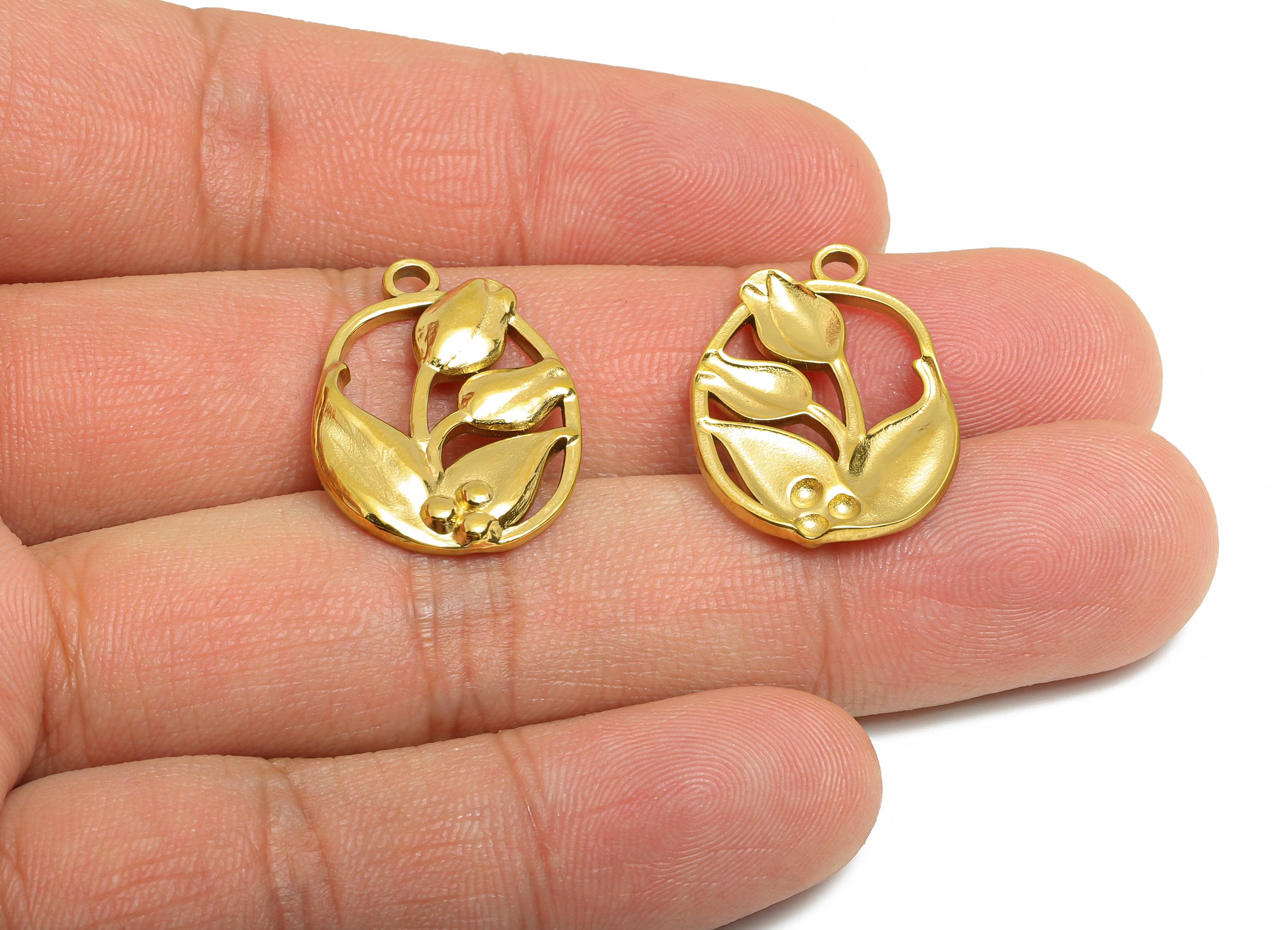Steel Tulip Charms - Elegant Floral Necklace Pendant - Delicate Botanical Jewelry Component - Gold Tone Plated - 24.12x17.47x2.5mm - SS2111G - DOMEDBAZAAR