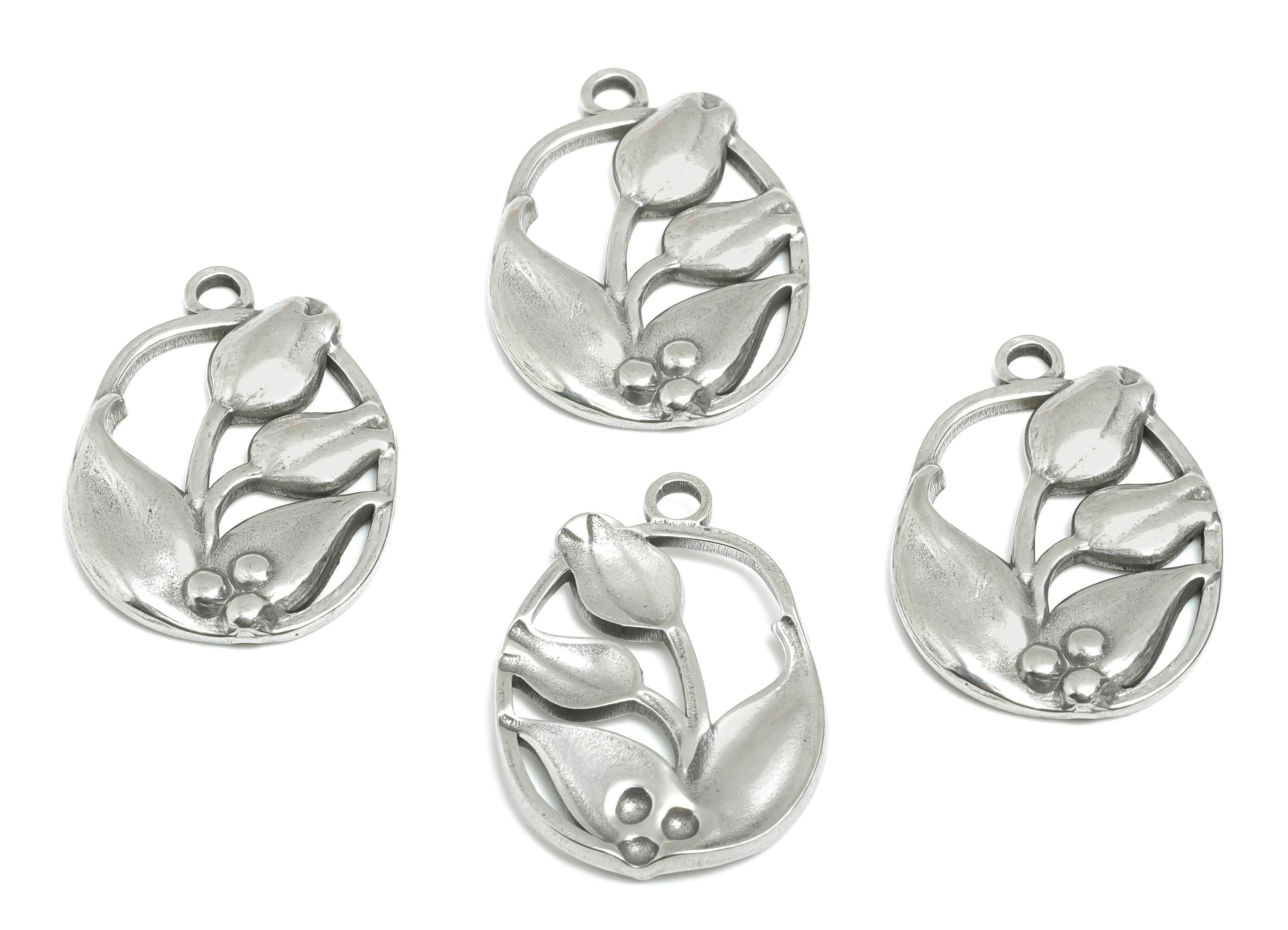 Steel Tulip Charm - Elegant Floral Necklace Pendant - Delicate Botanical Jewelry Component - Springtime Jewelry - 24.12x17.47x2.5mm - SS2111 - DOMEDBAZAAR