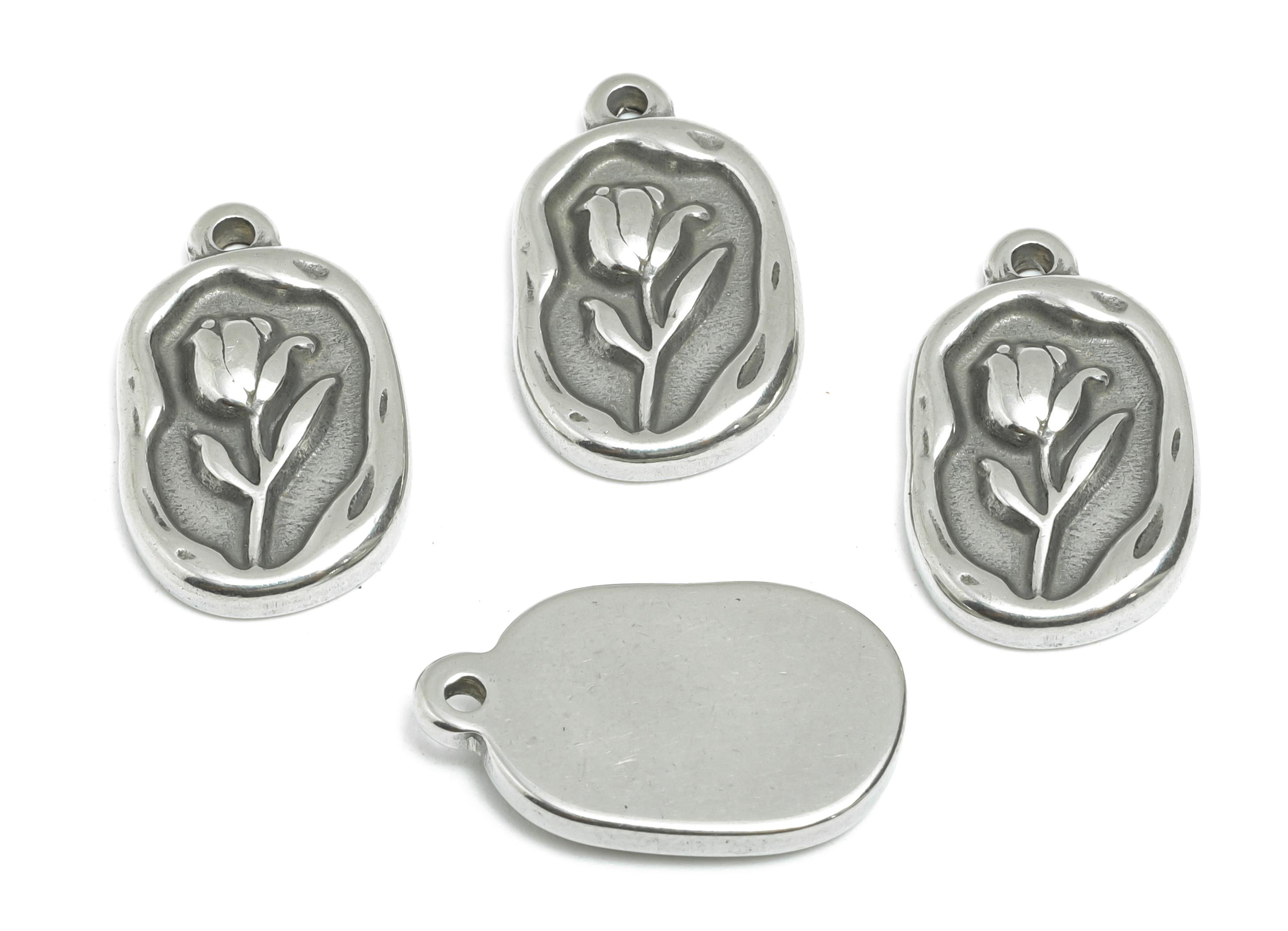 Steel Oval Tulip Charms - Vintage Floral Necklace Pendant - Romantic Botanical Accessory - DIY Making Supplies - 20.25x12.36x3.12mm - SS2118 - DOMEDBAZAAR