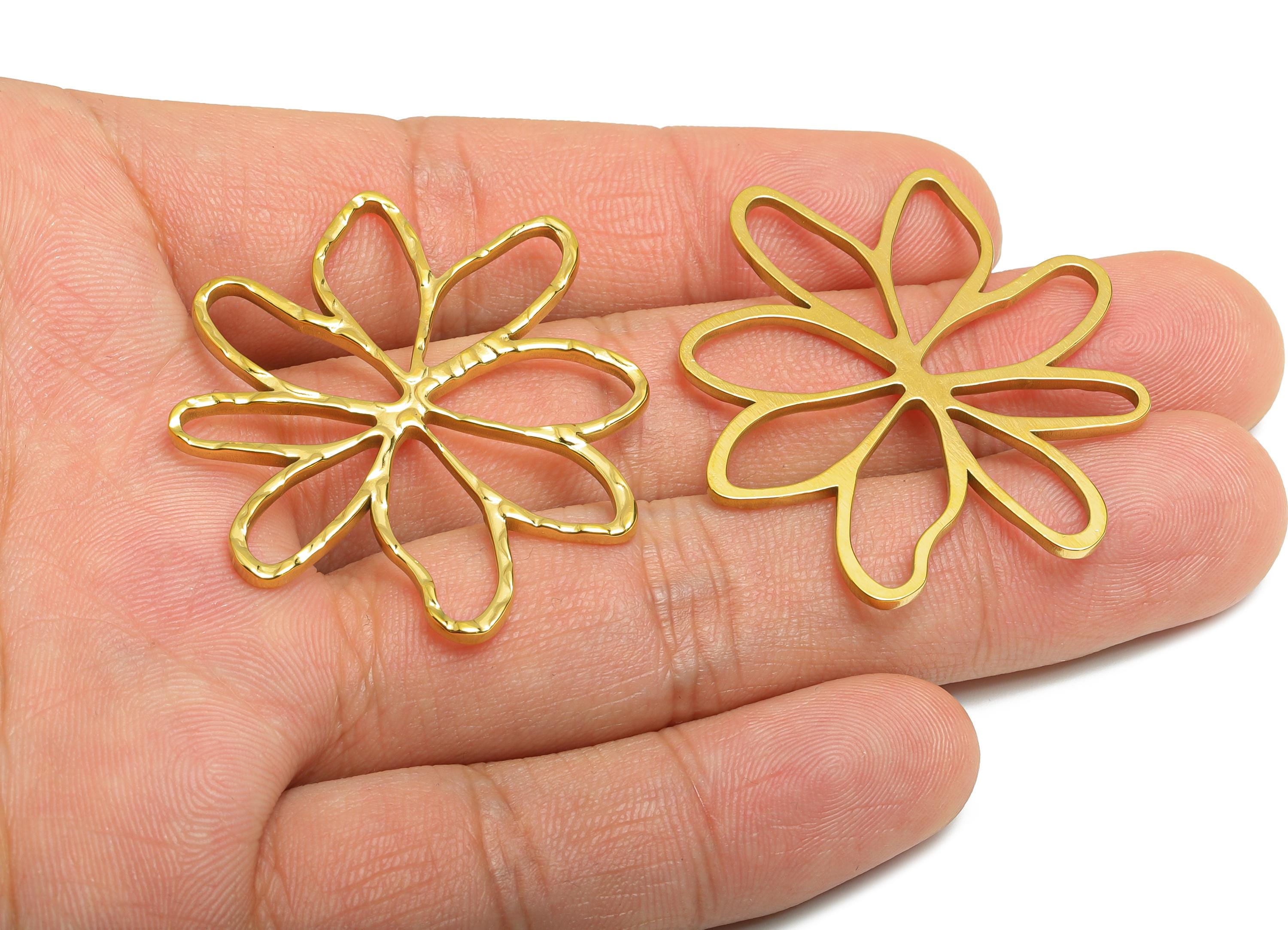 Steel Flower Pendant - Hollow Botanical Floral Necklace Pendant - Spring Blossom Jewelry - Gold Tone Plated - 42.48x37x1.63mm - SS2101G - DOMEDBAZAAR