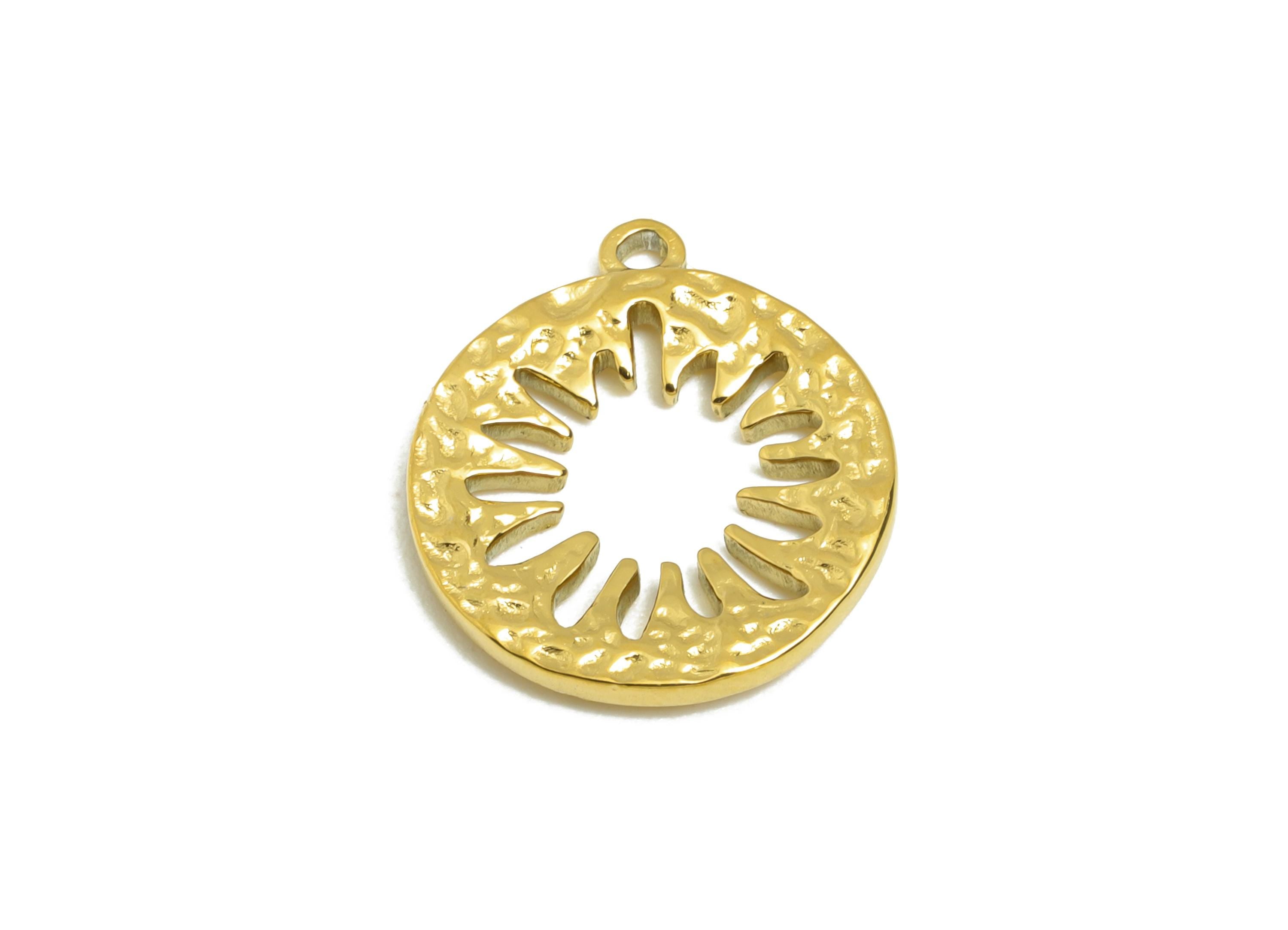 Steel Sunburst Pendant - Circle Charm For Necklace - Stainless Steel Charm - Celestial Sun Amulet - Sunbeam Pendant - 15x14x1mm - SS2115G - DOMEDBAZAAR