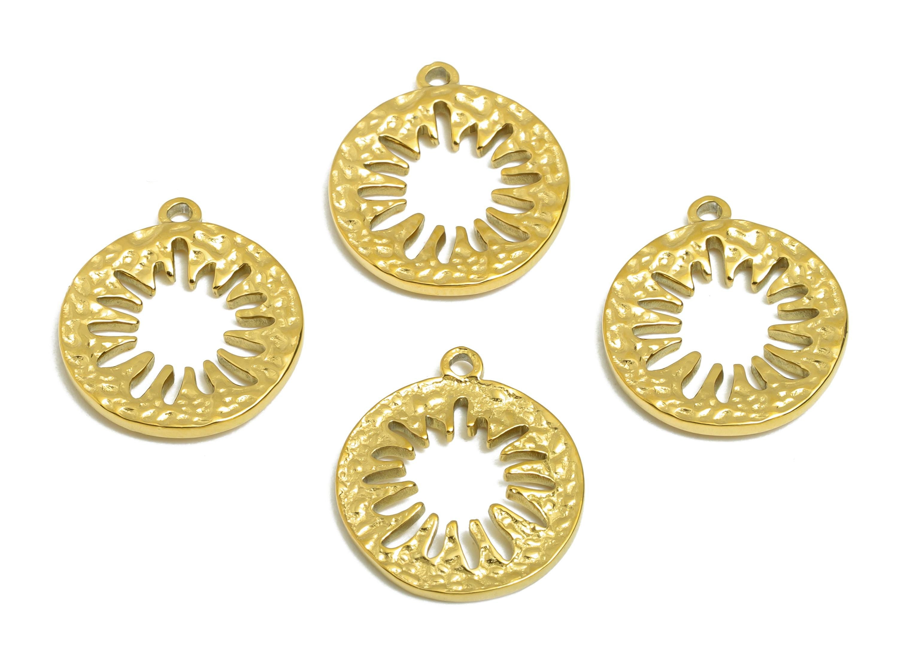 Steel Sunburst Pendant - Circle Charm For Necklace - Stainless Steel Charm - Celestial Sun Amulet - Sunbeam Pendant - 15x14x1mm - SS2115G - DOMEDBAZAAR
