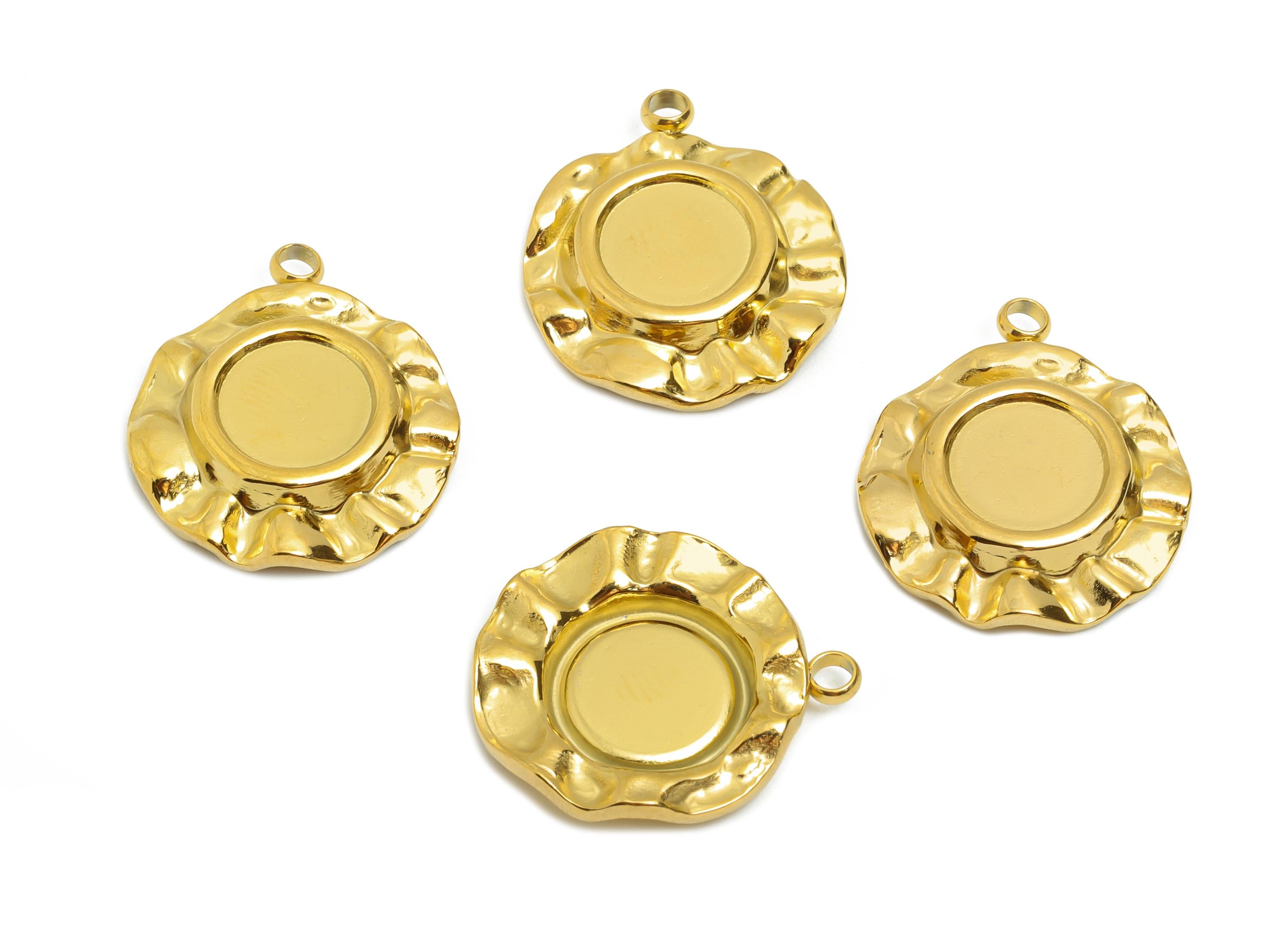 Steel Floral Pendant - Round Ruffled Pendant for Necklace - Antique Celestial Charm - 18K Real Vacuum Plated - 19.97x17.14x3.39mm - SS2206G - DOMEDBAZAAR