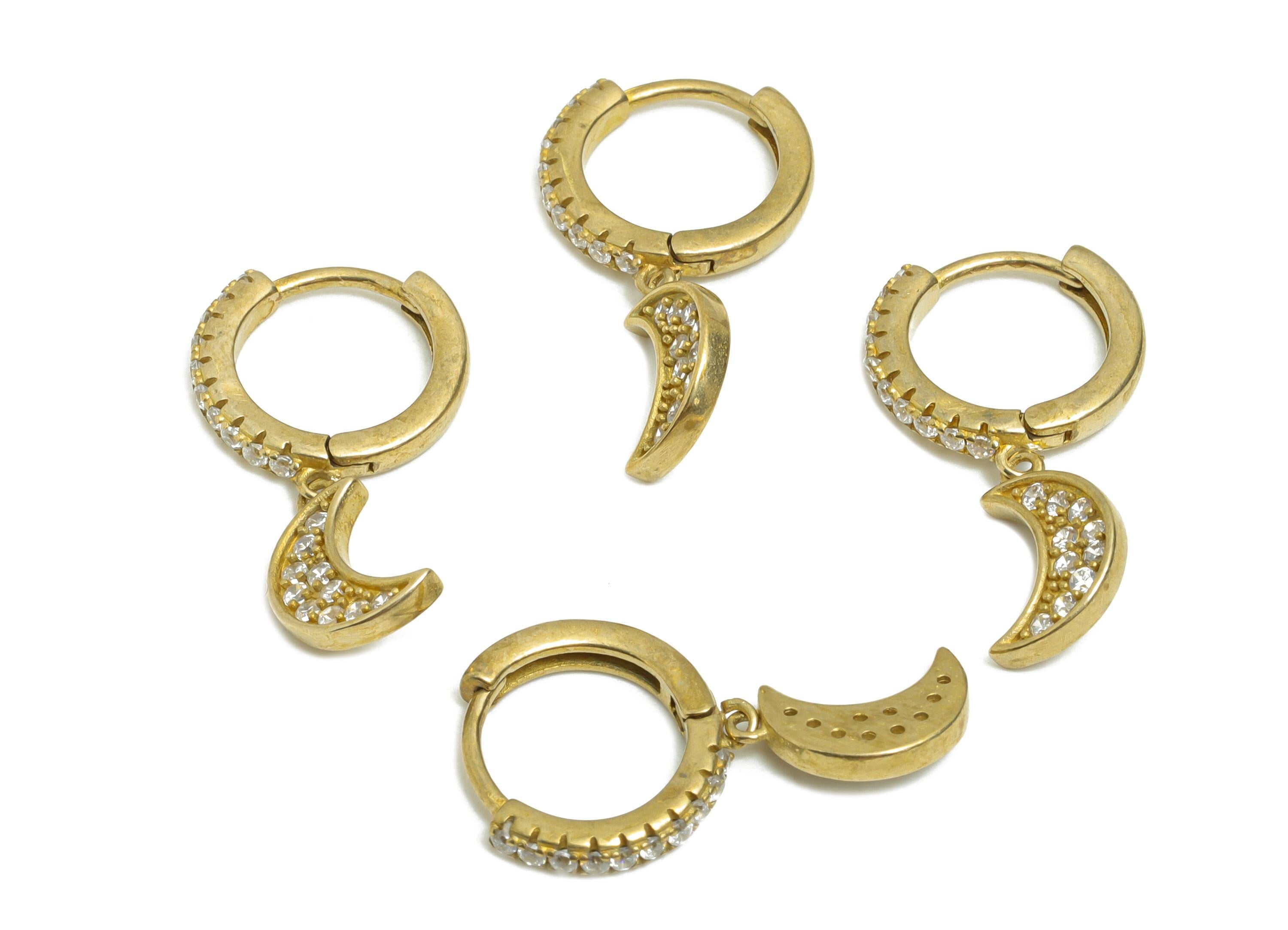 Brass Dangle Crescent Huggie Hoop Earring - Raw Brass CZ Moon Earring - Celestial Huggie Hoop Clasp - Jewelry Finding - 22x12x1.8mm -PP11228 - DOMEDBAZAAR