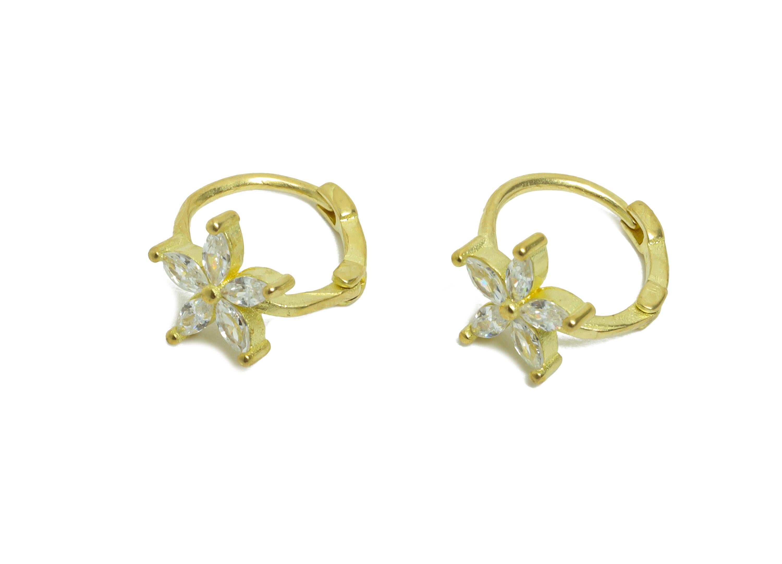 Brass CZ Huggie Hoop Earrings - Mini Raw Brass Marquise Zircon Earring - Dainty Botanical Floral Huggie Hoop Clasp - 11x9.5x7.5mm - PP11359 - DOMEDBAZAAR