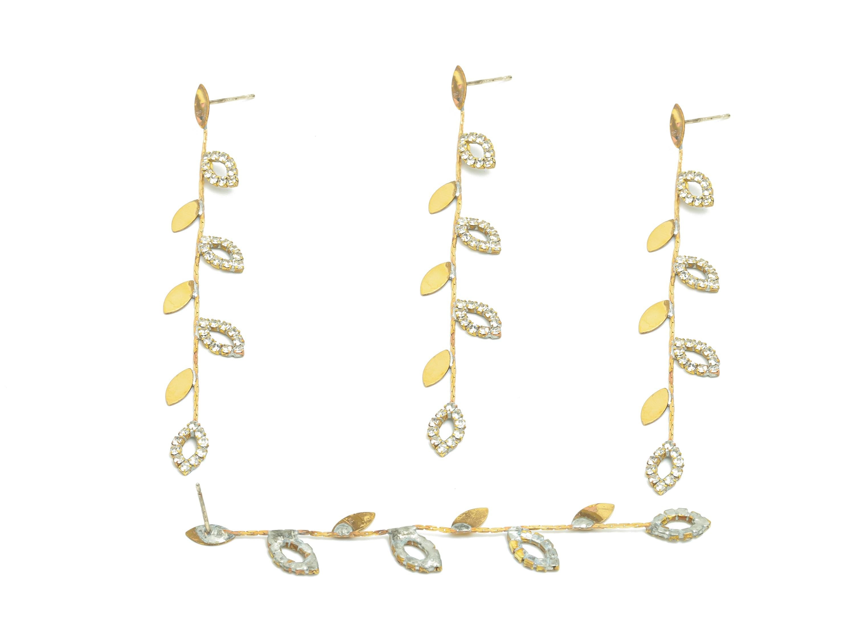 Brass Dangle CZ Leaf Earring Stud - Raw Brass Dangle Zircon Leaf Earring Post - Brass Classic Zircon Branch Earring Stud - 7x5x1mm - PP11370 - DOMEDBAZAAR