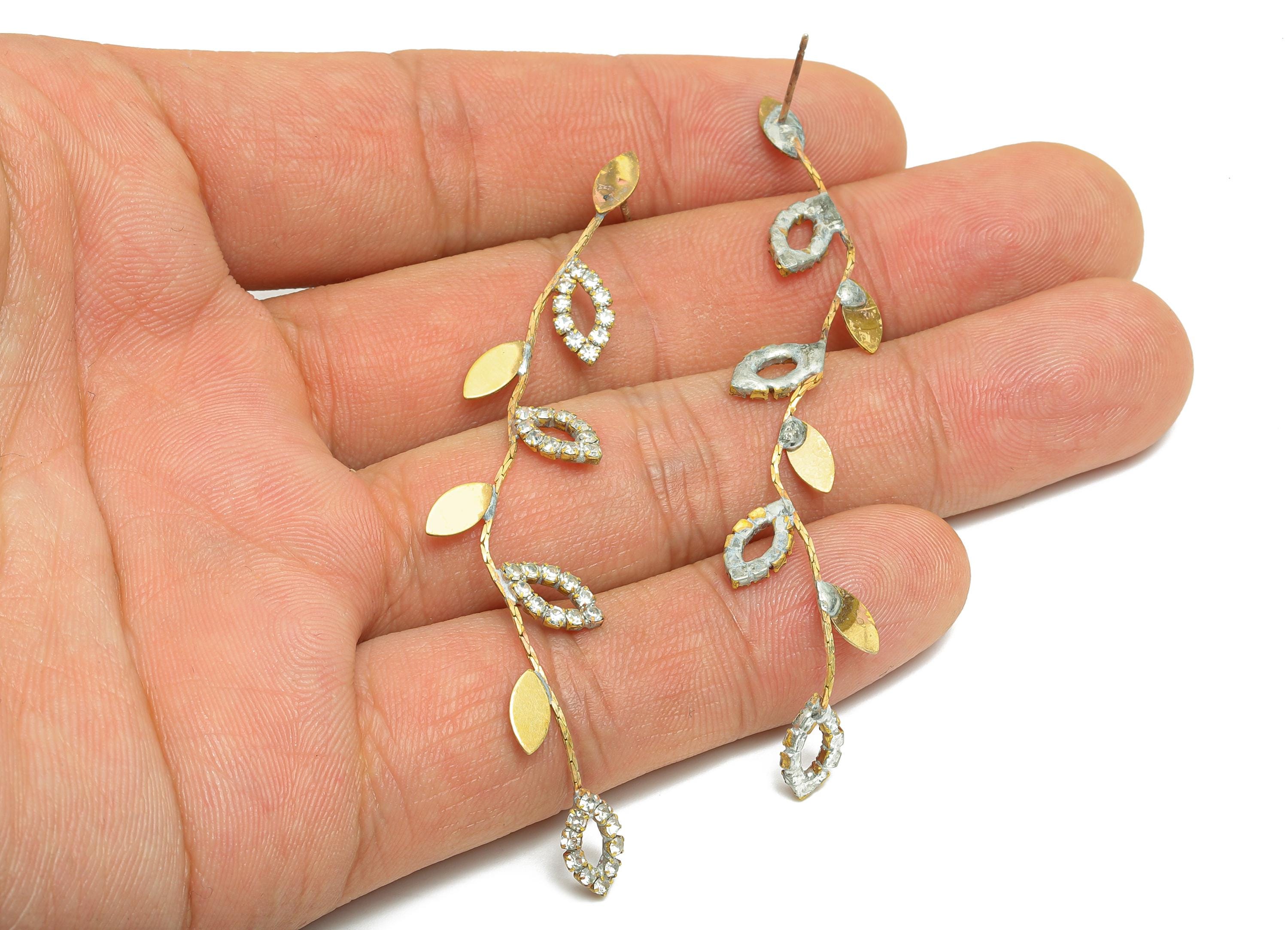 Brass Dangle CZ Leaf Earring Stud - Raw Brass Dangle Zircon Leaf Earring Post - Brass Classic Zircon Branch Earring Stud - 7x5x1mm - PP11370 - DOMEDBAZAAR