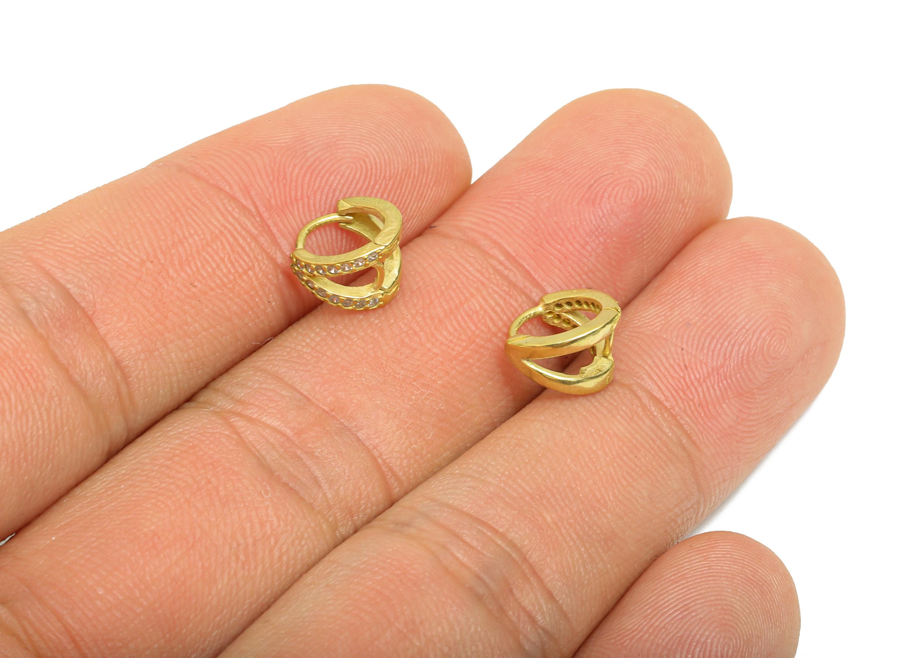 Brass CZ Round Huggie Hoop Earring - Tiny Raw Brass Double Hoop Zircon Earrings - Minimalist Huggie Hoop Clasps - 9.17x8.21x6.27mm - PP11317