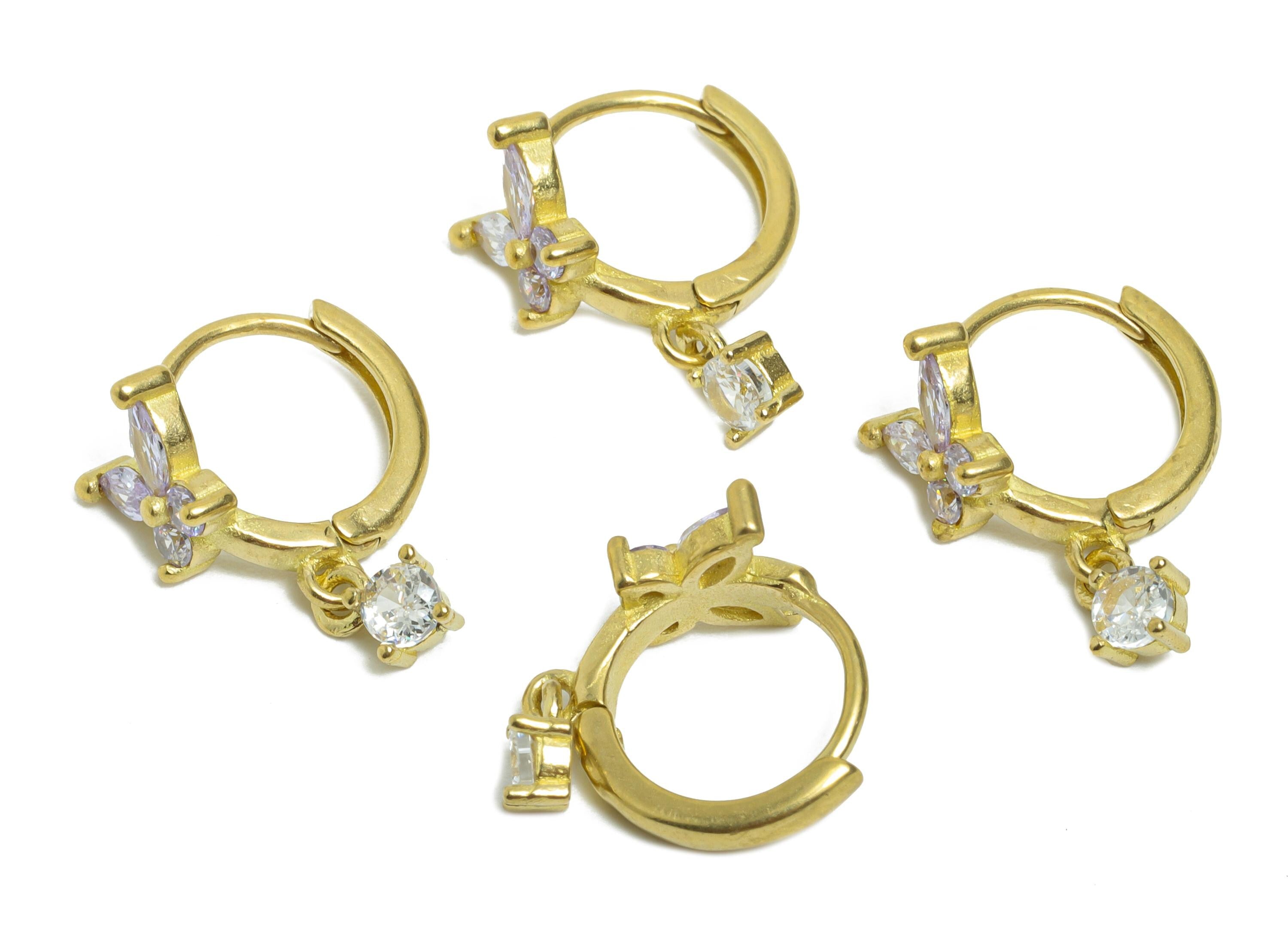 Brass Butterfly Huggie Hoop Earring - Raw Brass Dangle Marquise Purple Zircon Hoop Earring - Dainty Huggie Hoop - 15.83x12x7.53mm - PP11303 - DOMEDBAZAAR