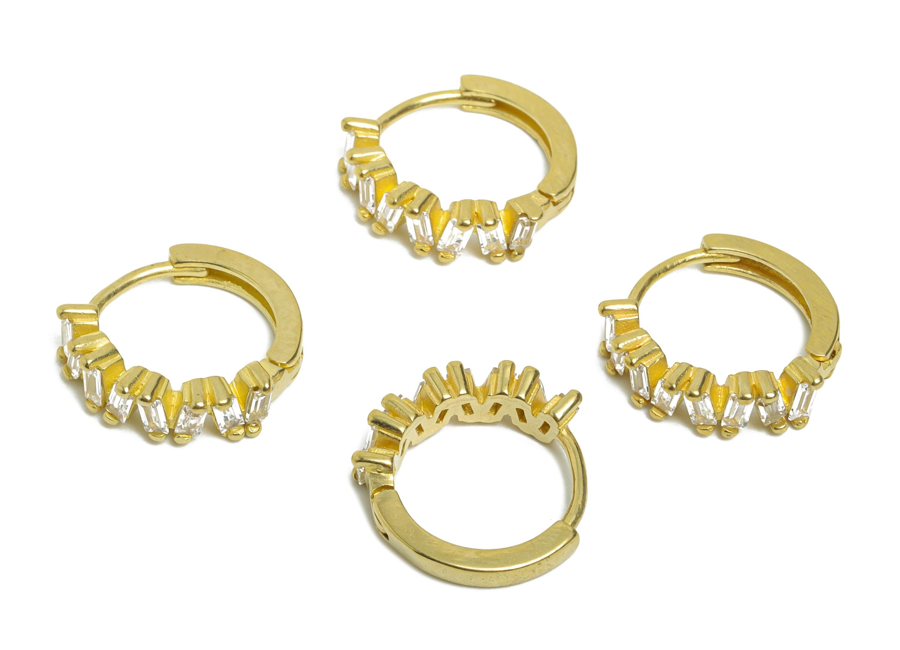 Brass CZ Rectangle Huggie Hoop Earrings - Raw Brass Geometric Zircon Earrings - Everyday Dainty Brass Huggie Hoop - 14x13x3.71mm - PP11305 - DOMEDBAZAAR