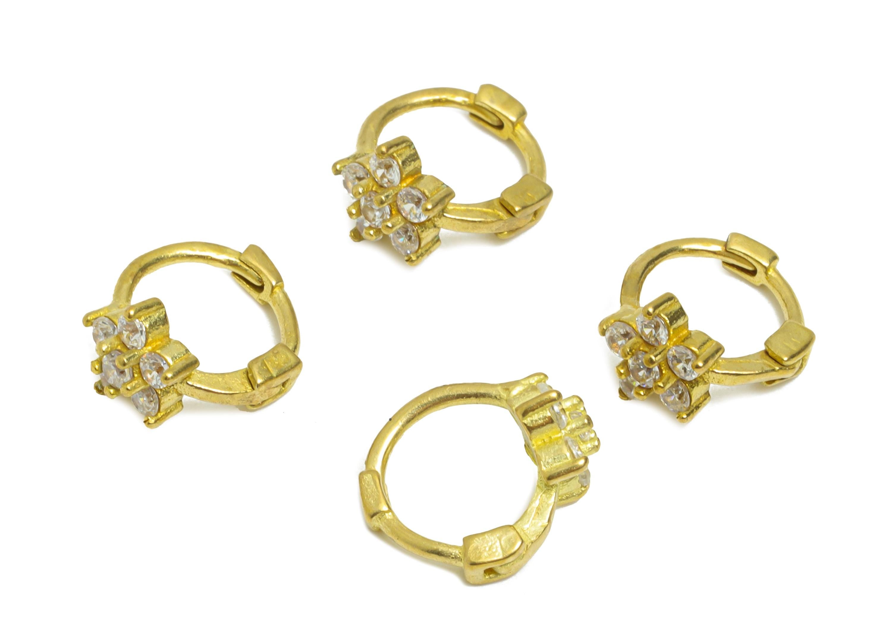 Brass CZ Floral Huggie Hoop Earring - Raw Brass Flower Zircon Earring - Refined Huggie Hoop Clasp - Everyday Wear - 9.62x8x5.16mm - PP11262 - DOMEDBAZAAR