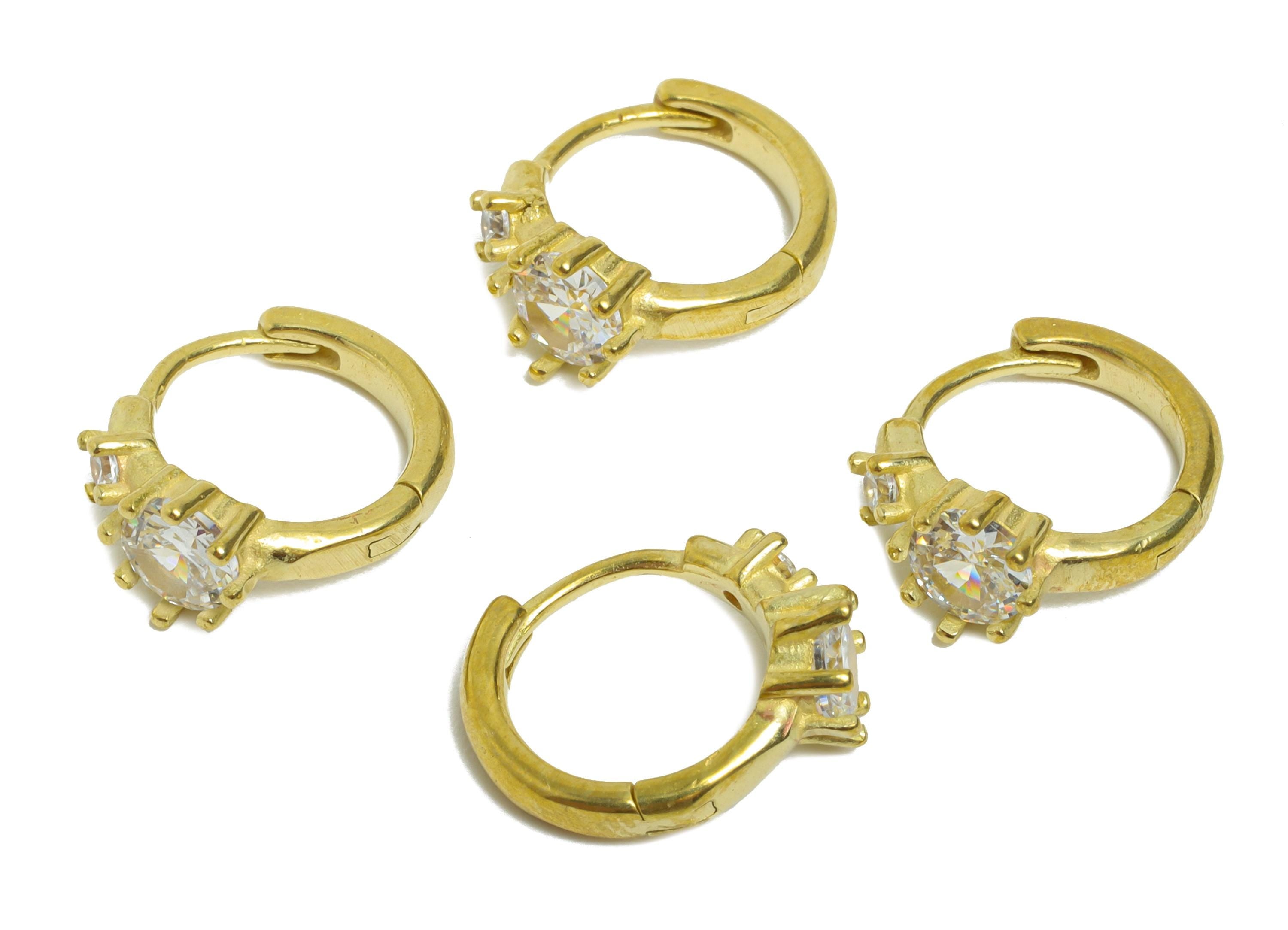 Brass CZ Huggie Hoop Earrings - Raw Brass Dainty Cubic Zircon Earrings - Classic Huggie Hoop Clasps - Everyday Wear - 13x11x5mm - PP11263 - DOMEDBAZAAR
