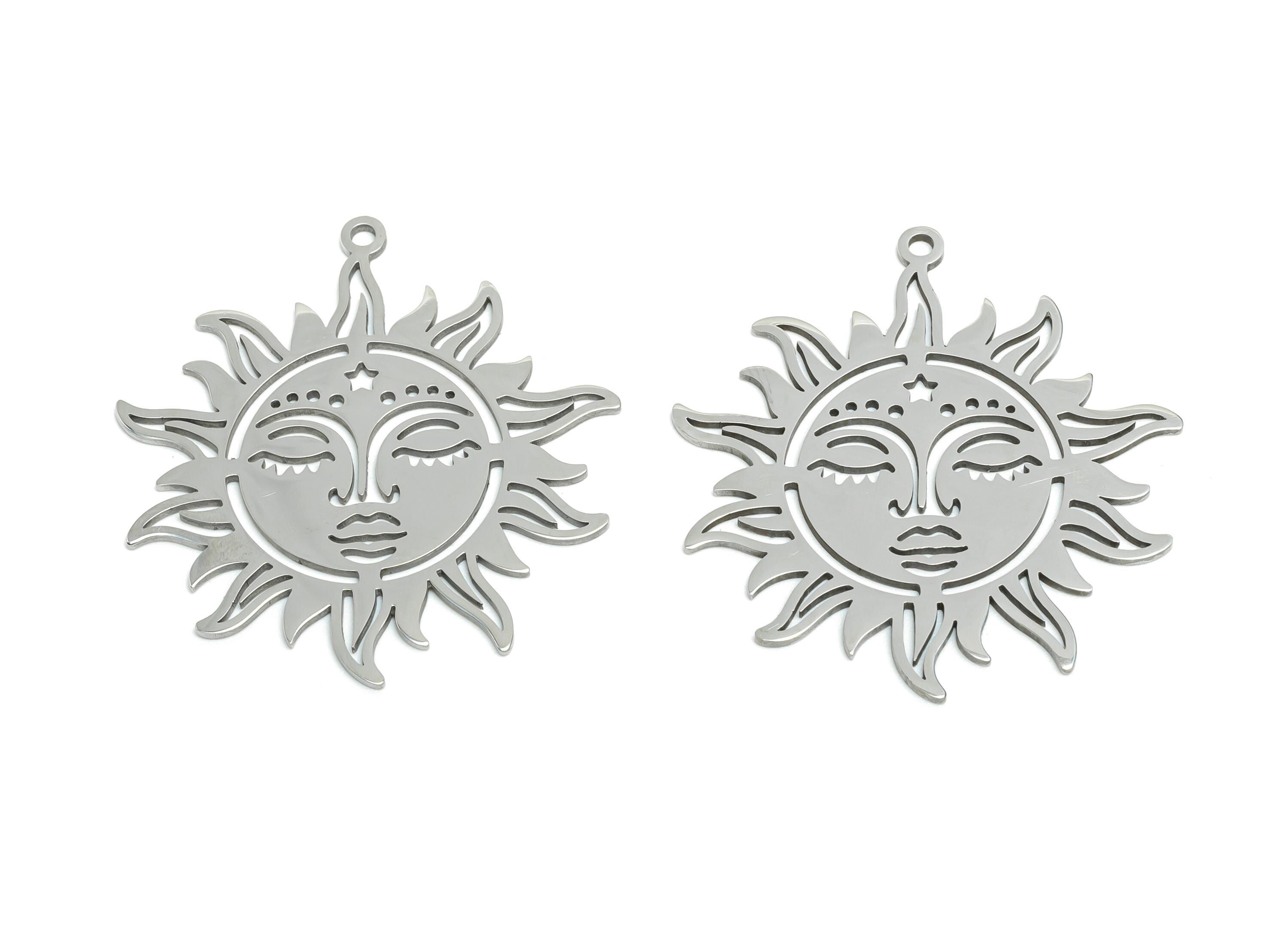 Celestial Sun Face Pendant - Steel Boho Sun Goddess Charm - Mystical Sunburst Pendant - Metal DIY Jewelry Making - 35.36x33x0.98mm - SS2619 - DOMEDBAZAAR