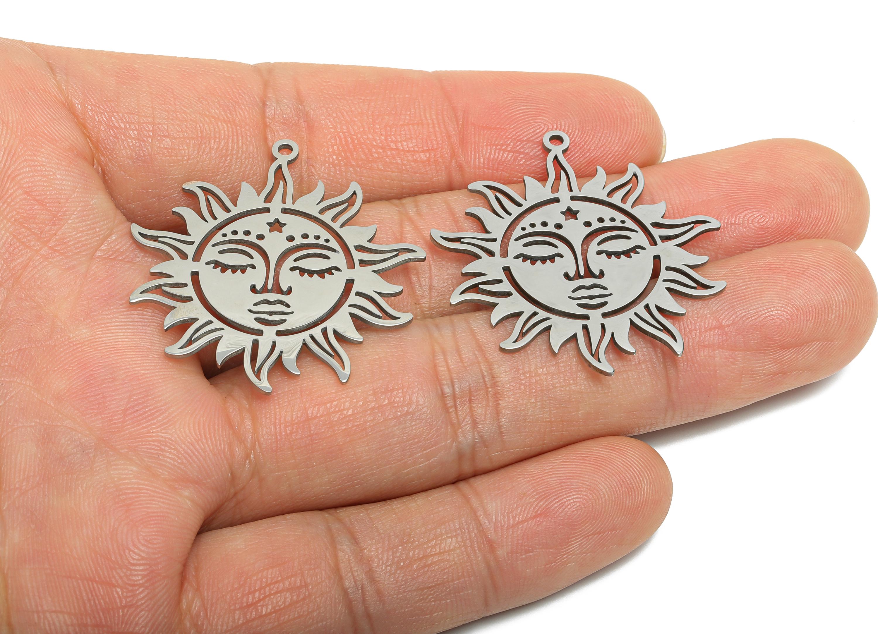 Celestial Sun Face Pendant - Steel Boho Sun Goddess Charm - Mystical Sunburst Pendant - Metal DIY Jewelry Making - 35.36x33x0.98mm - SS2619 - DOMEDBAZAAR