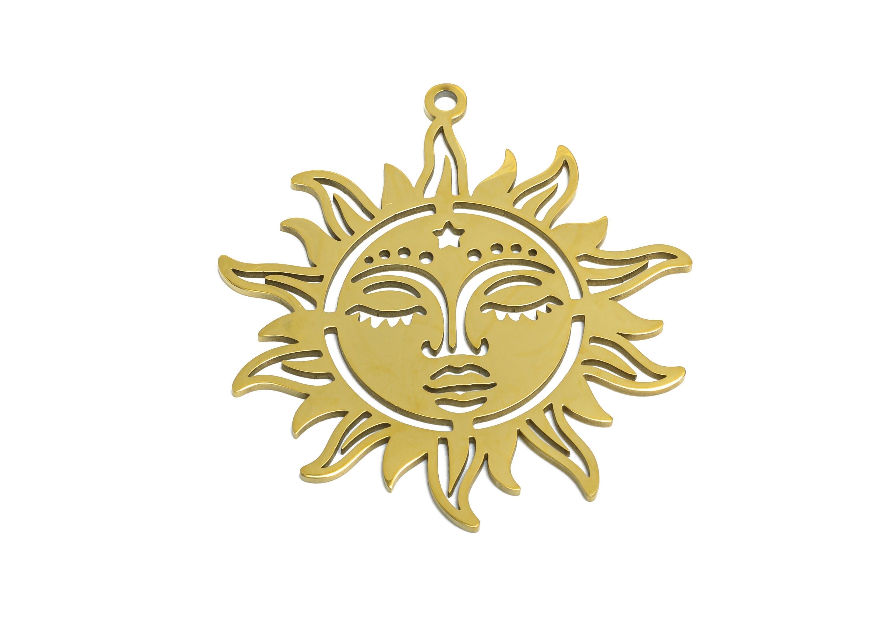 Celestial Sun Face Pendant - Steel Boho Sun Goddess Charm - Mystical Sunburst Pendant - 18K Real Vacuum Plated - 35.36x33x0.98mm - SS2619G - DOMEDBAZAAR
