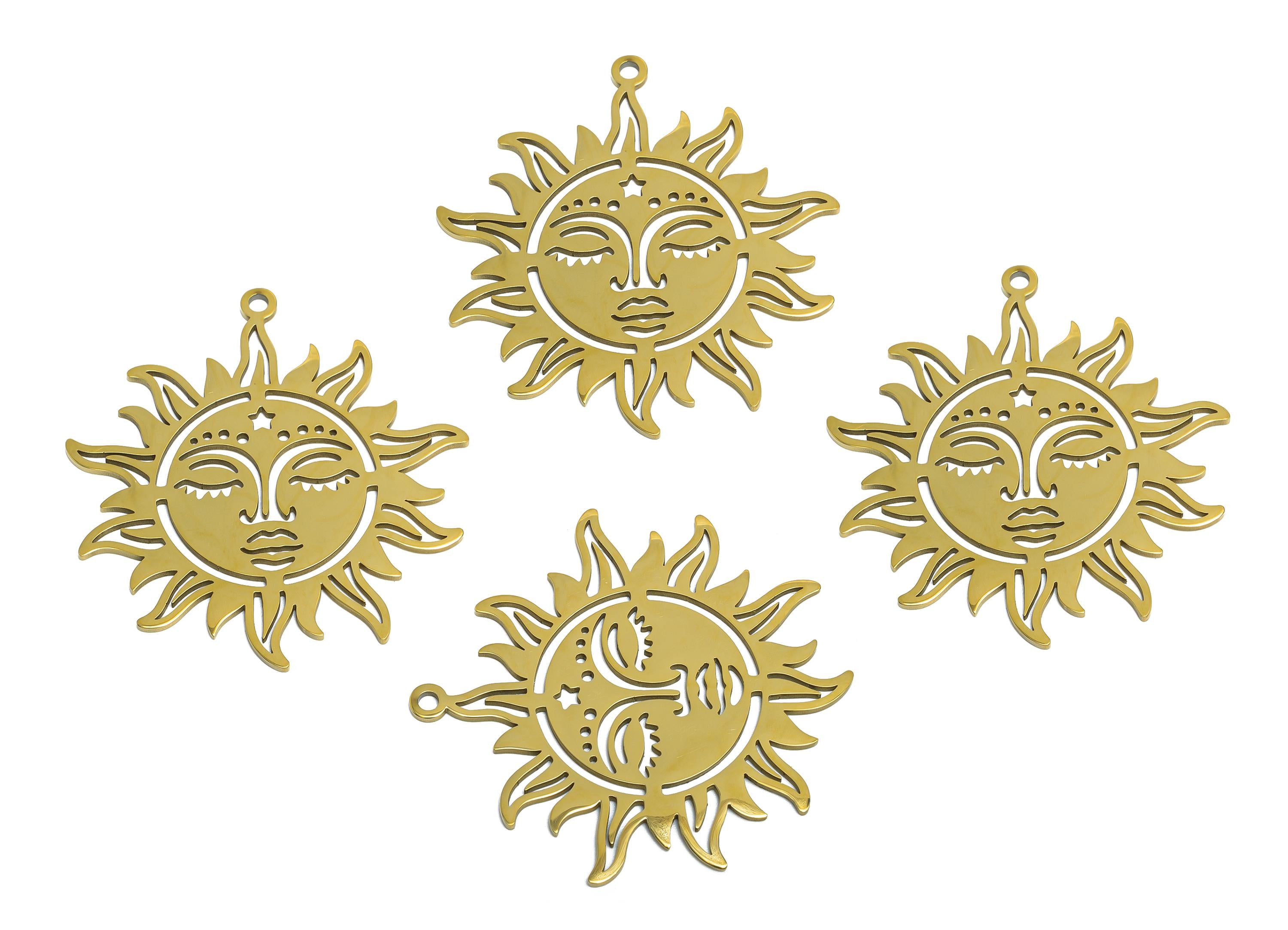Celestial Sun Face Pendant - Steel Boho Sun Goddess Charm - Mystical Sunburst Pendant - 18K Real Vacuum Plated - 35.36x33x0.98mm - SS2619G - DOMEDBAZAAR