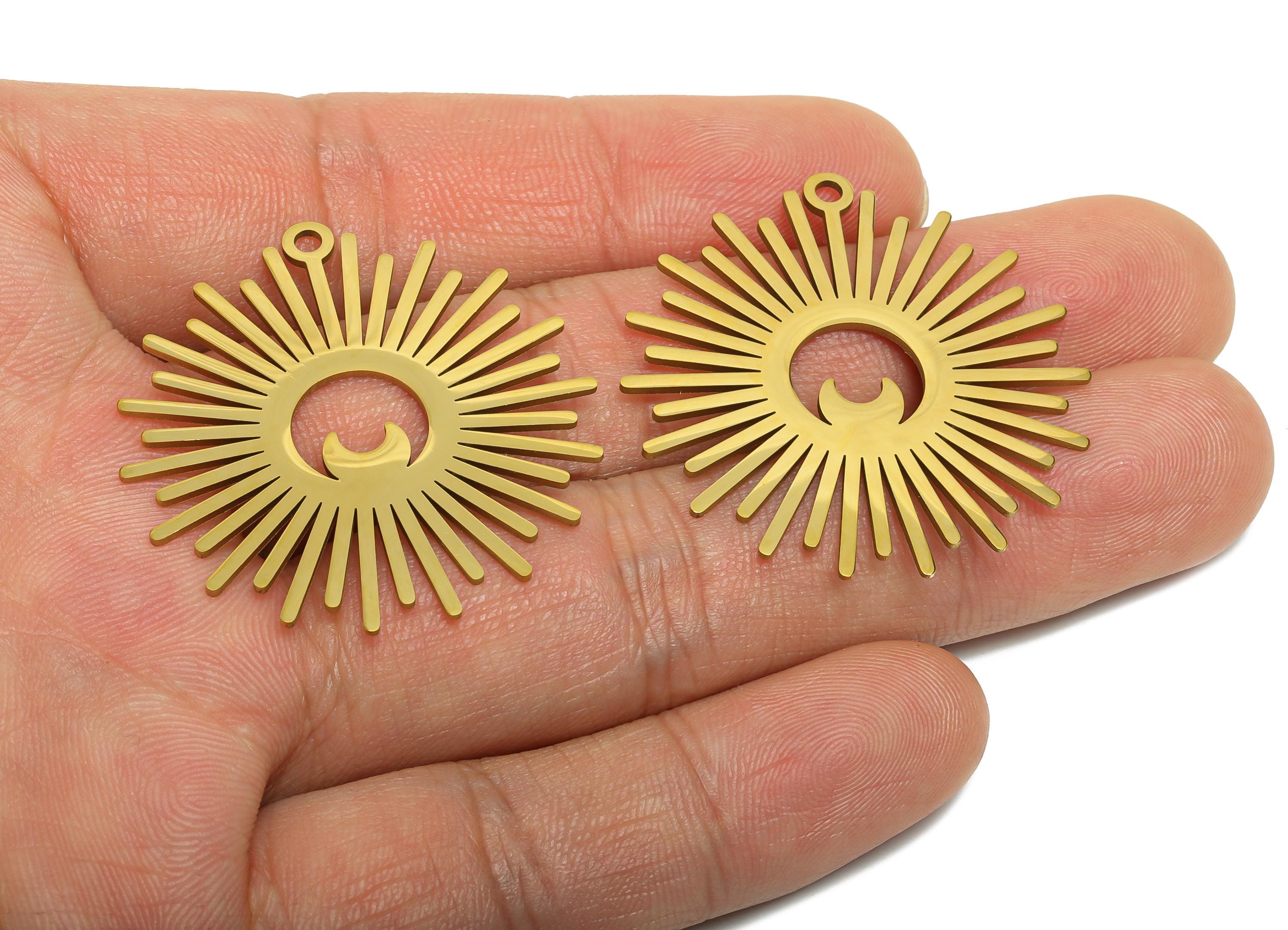 Stainless Steel Sun Charm - Geometric Crescent Pendant - Modern Sunburst Jewelry Making - 18k Vacuum Gold Plating - 37x35x0.98mm - SS2618G - DOMEDBAZAAR