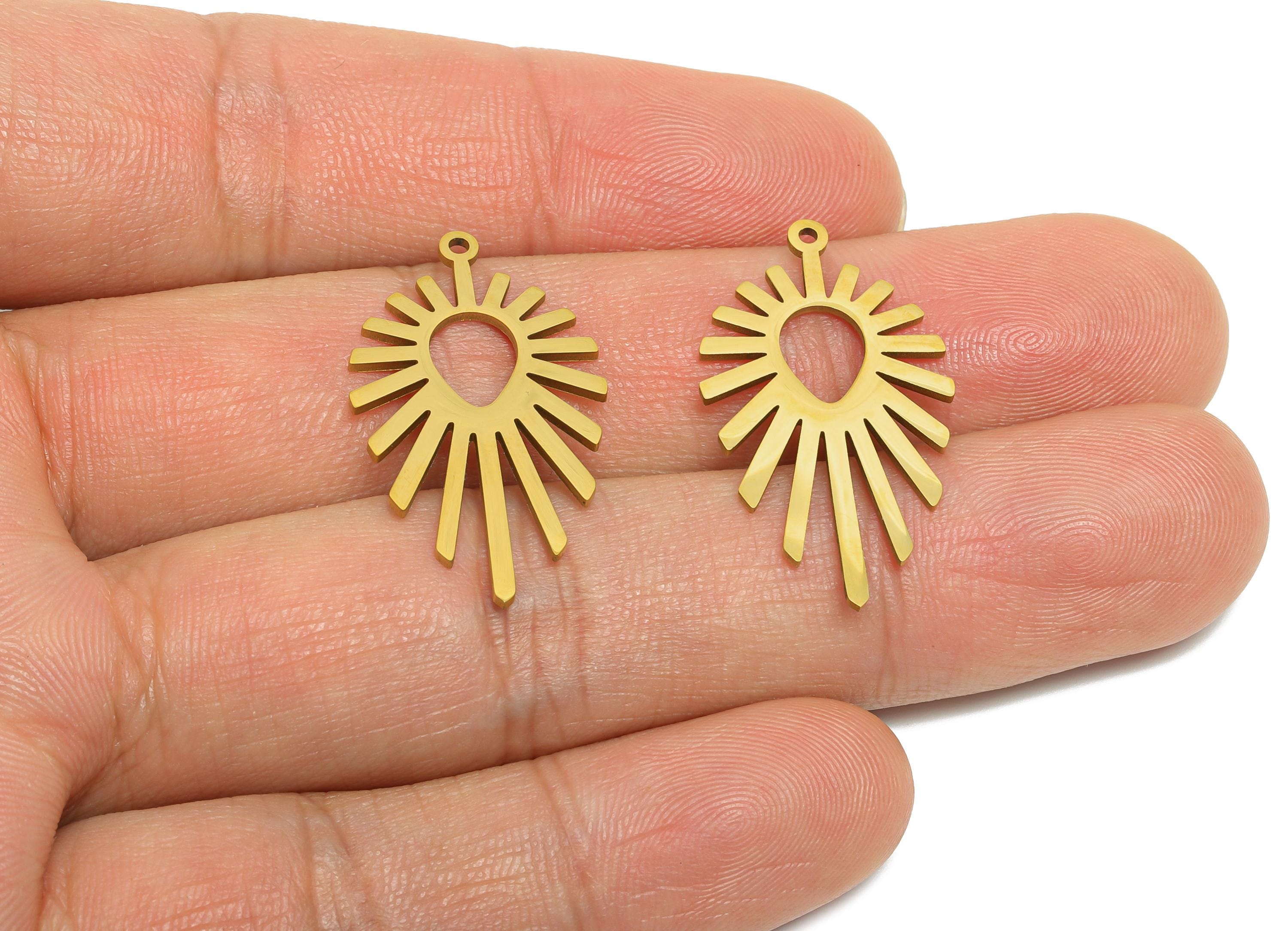 Drop Steel Sun Charm - Steel Sunburst Pendant with Drop Cutout - Celestial Sun Ray Charm - 18k Vacuum Gold Plating - 30x16x0.98mm - SS2609G - DOMEDBAZAAR