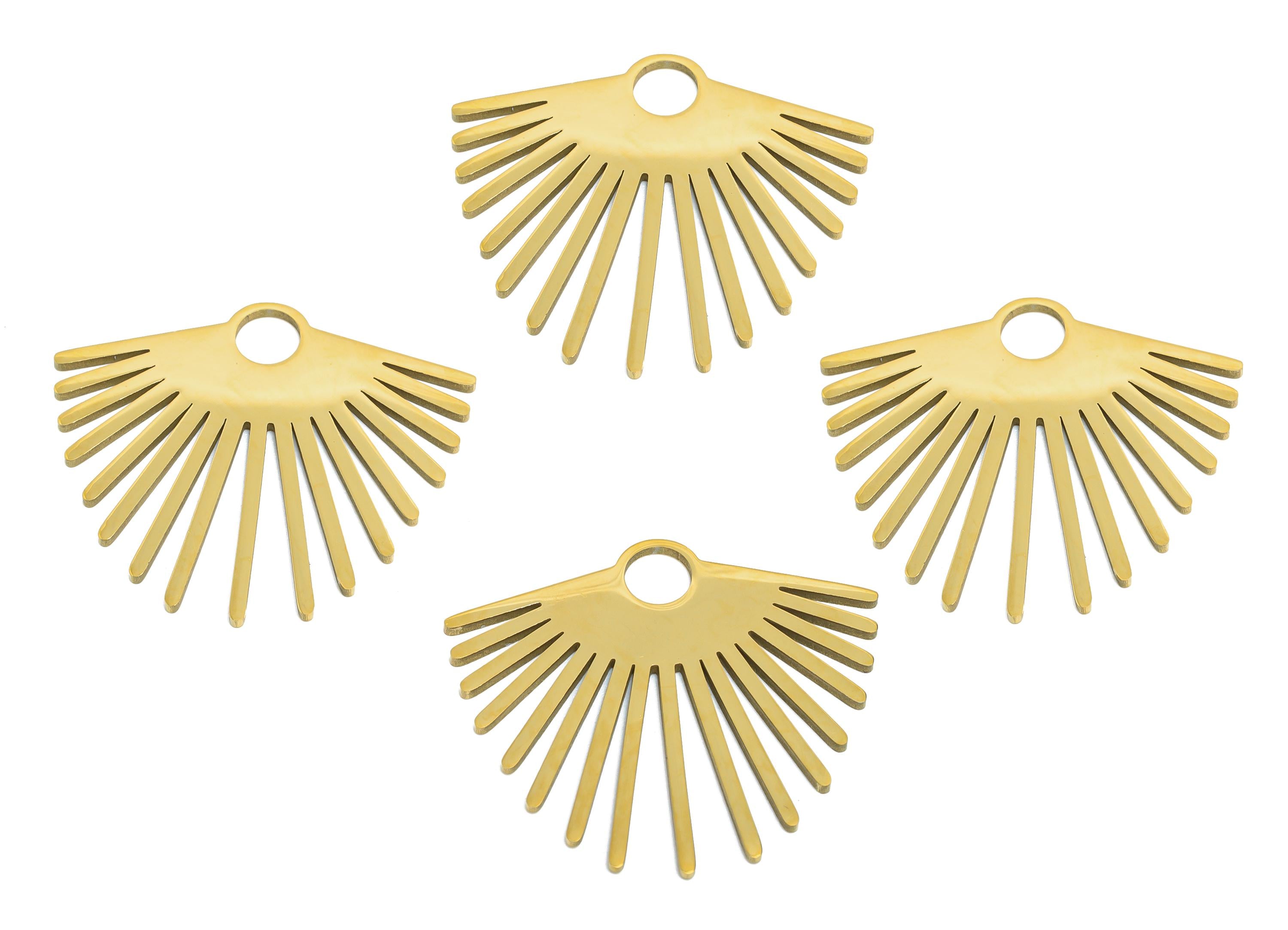 Steel Fan Charm - Stainless Steel Sunburst Charm - Steel Geometric Sunburst Jewelry - 18k Vacuum Gold Plating - 23x20x0.98mm - SS2608G