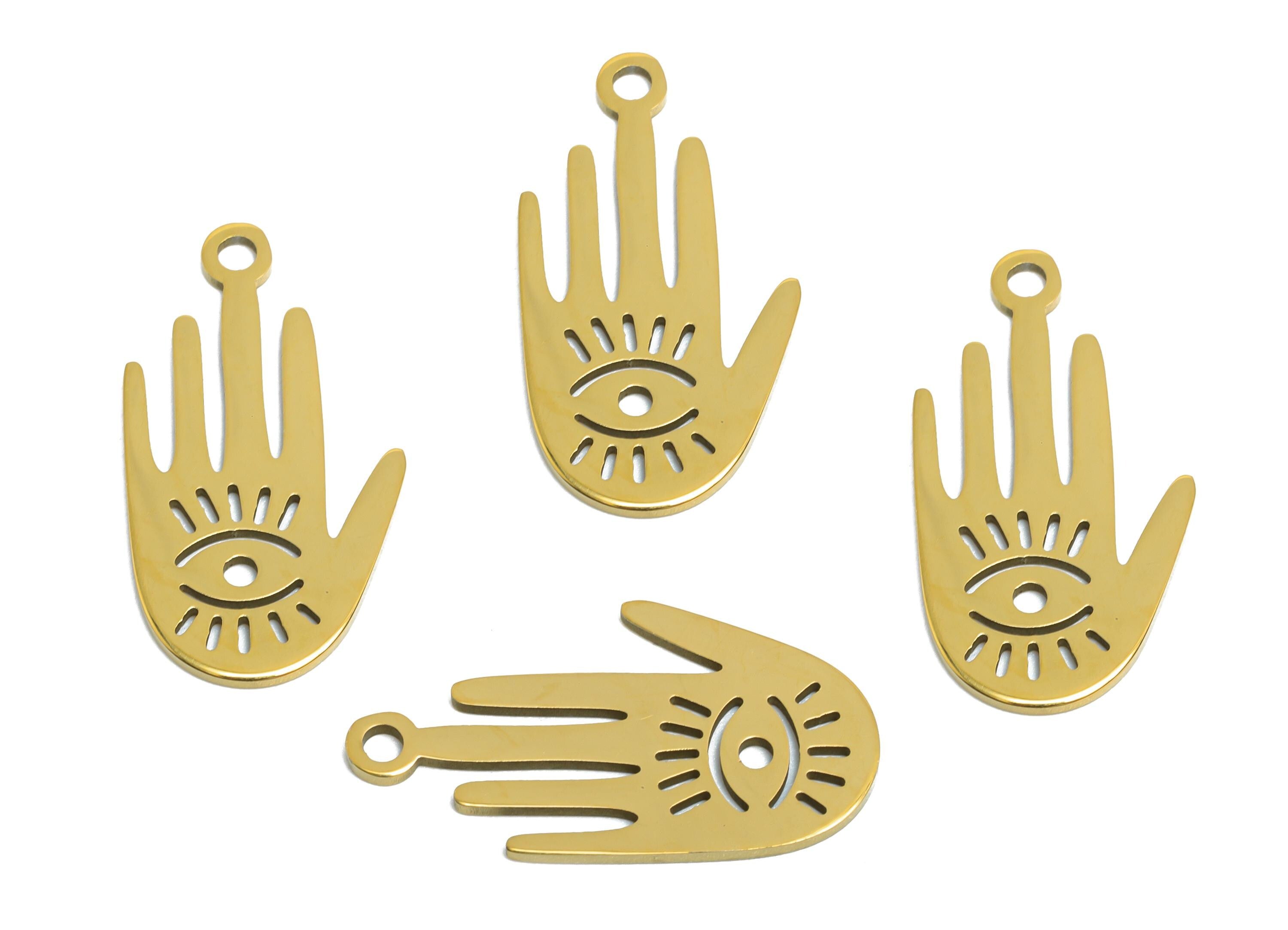 Steel Hamsa Hand Pendant - Vintage Evil Eye Protection Charm - Protective Symbol DIY Jewelry - 18K Real Vacuum Plated - 21x11x0.9mm -SS2373G - DOMEDBAZAAR