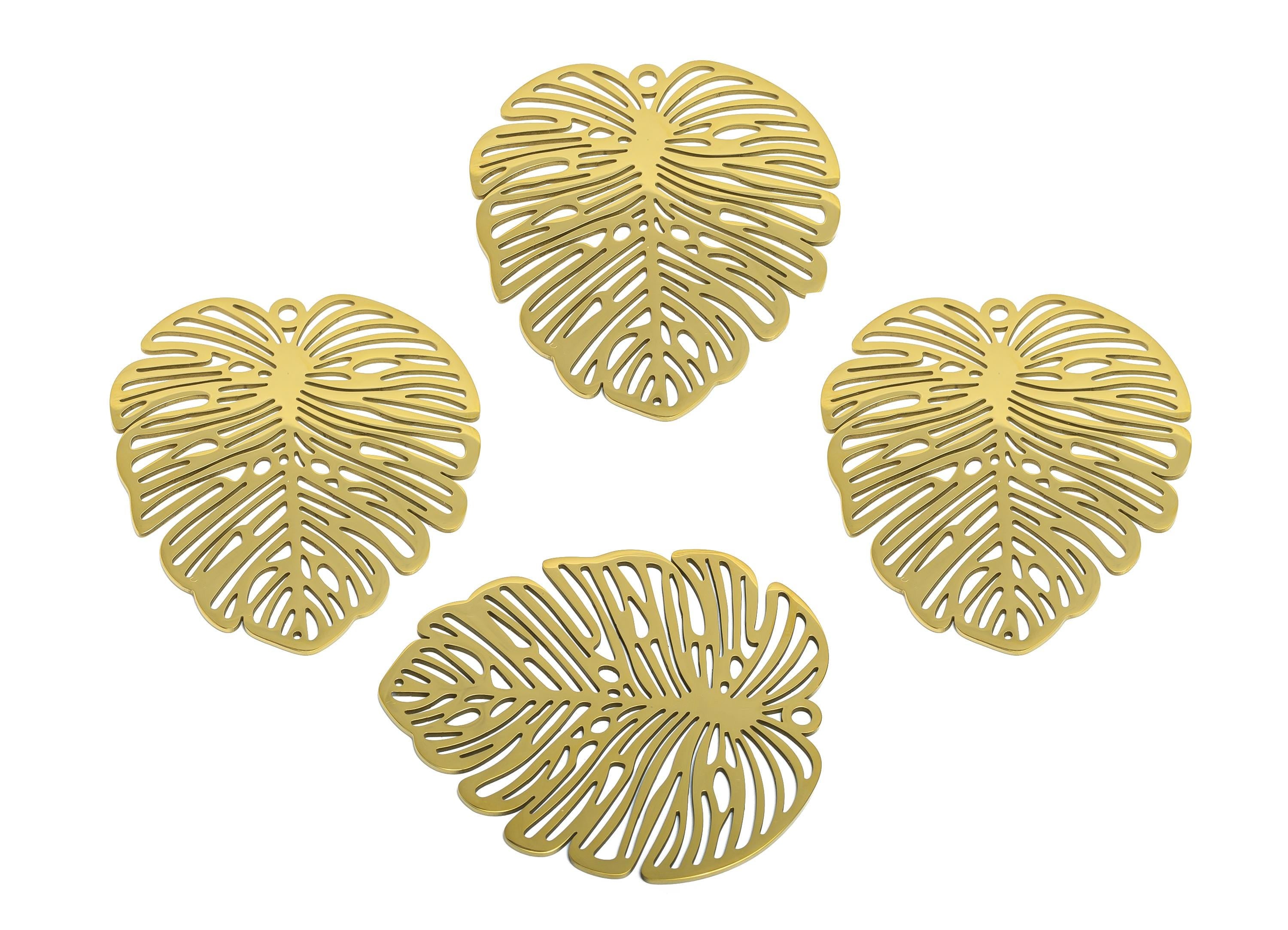 Monstera Leaf Pendant - Steel Tropical Leaf Jewelry - Steel Boho Botanical Jewelry Supply - 18k Vacuum Gold Plating - 49x43x0.98mm - SS2626G - DOMEDBAZAAR